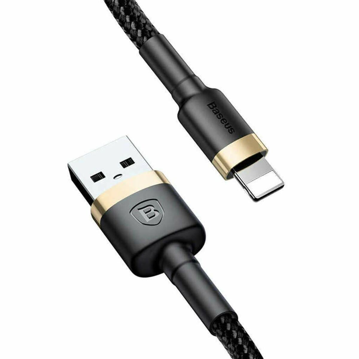 Czarny kabel USB do Lightning ze złotymi akcentami i plecioną konstrukcją.