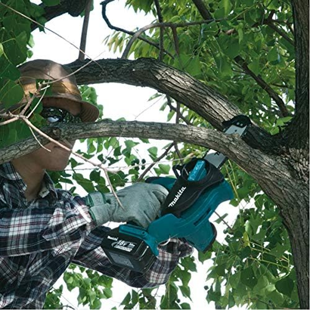 Osoba używająca niebiesko-czarnej bezprzewodowej piły łańcuchowej do cięcia gałęzi. Nosi rękawice i kapelusz.