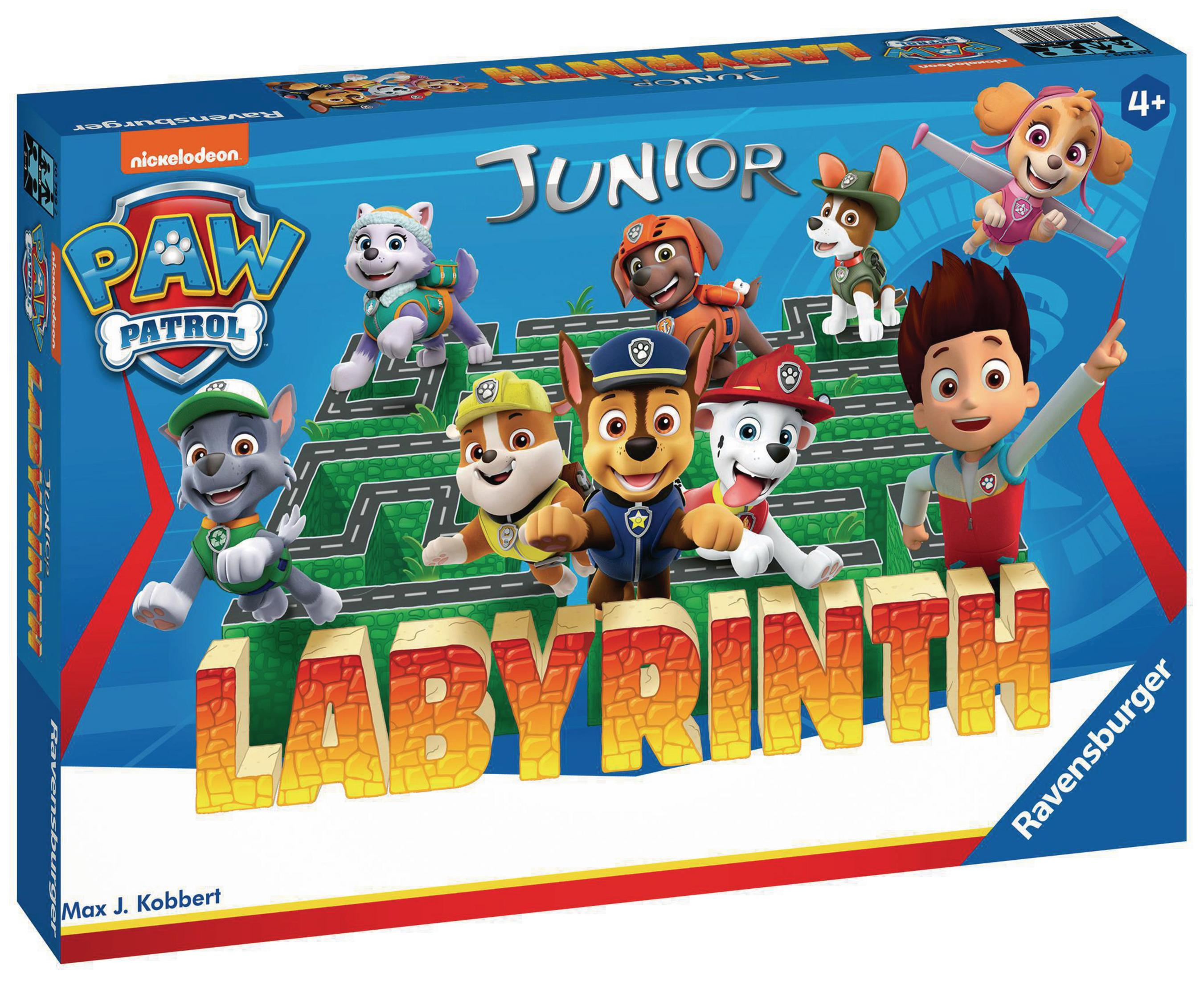 Pudełko z grą planszową z postaciami z Psiego Patrolu. Pokazana jest gra w labiryncie. Niebieskie tło.
