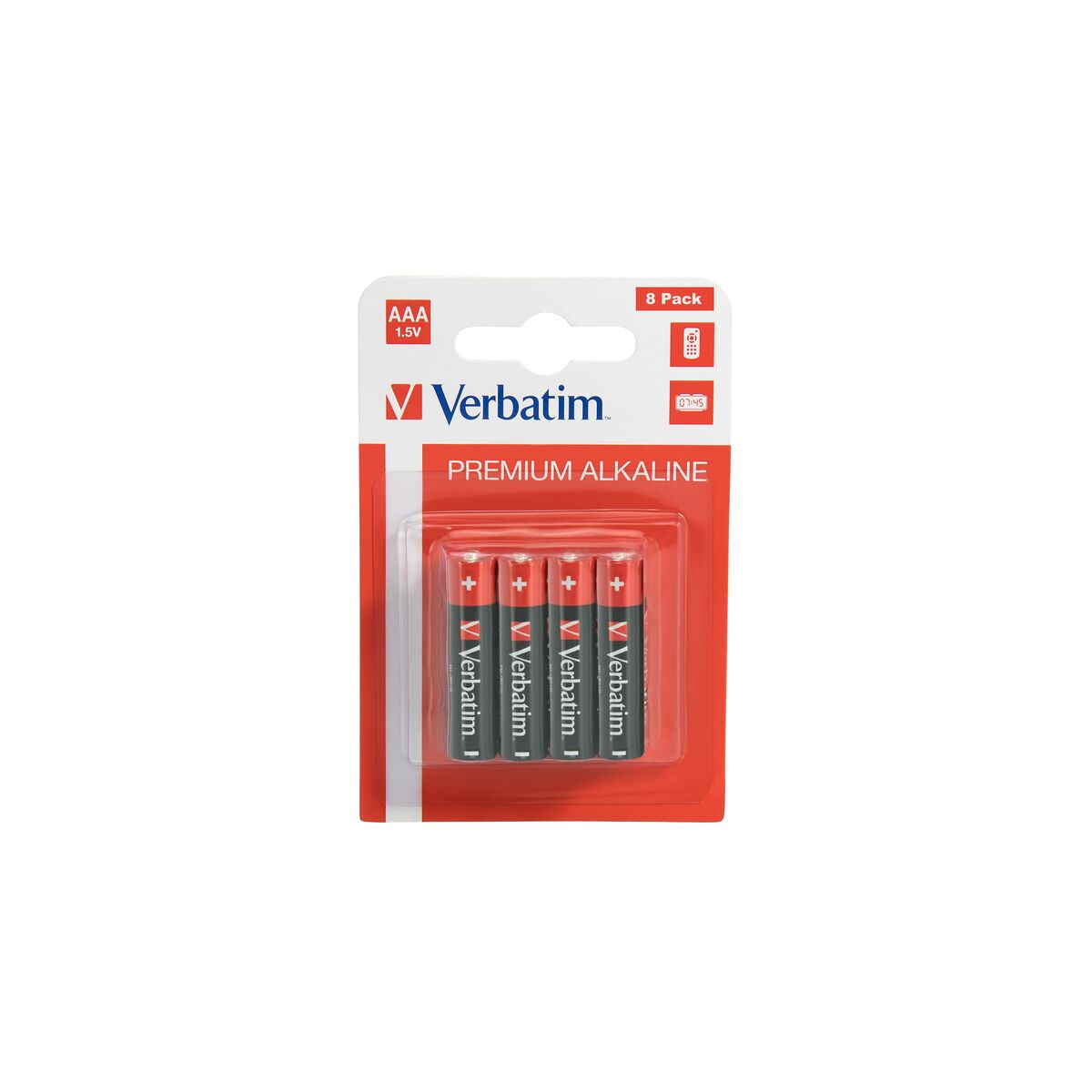 Eine Packung Verbatim AAA-Batterien. Die Verpackung ist weiß und rot.