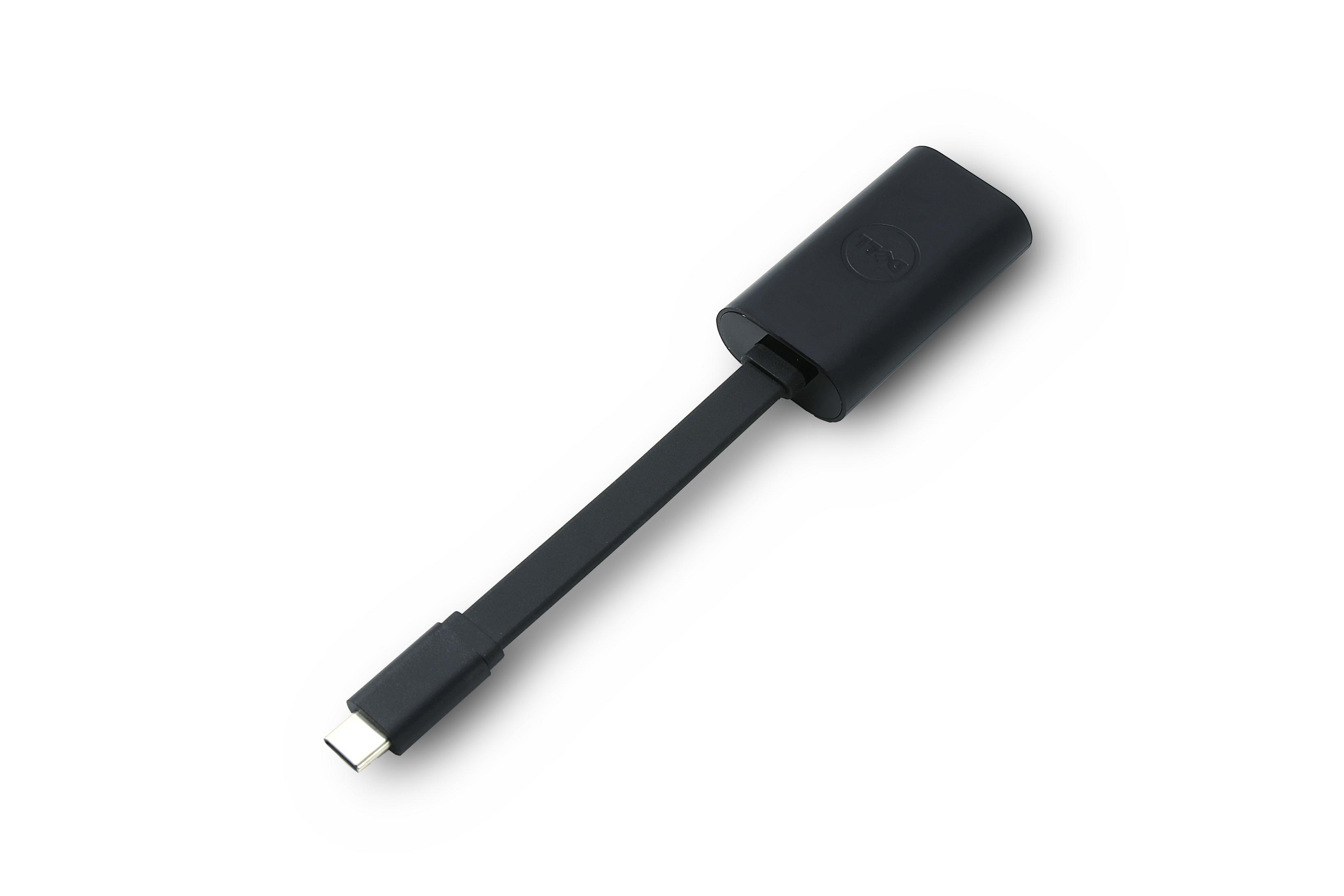 Schwarzer USB-C-zu-USB-Adapter auf weißem Hintergrund, mit Dell-Logo.