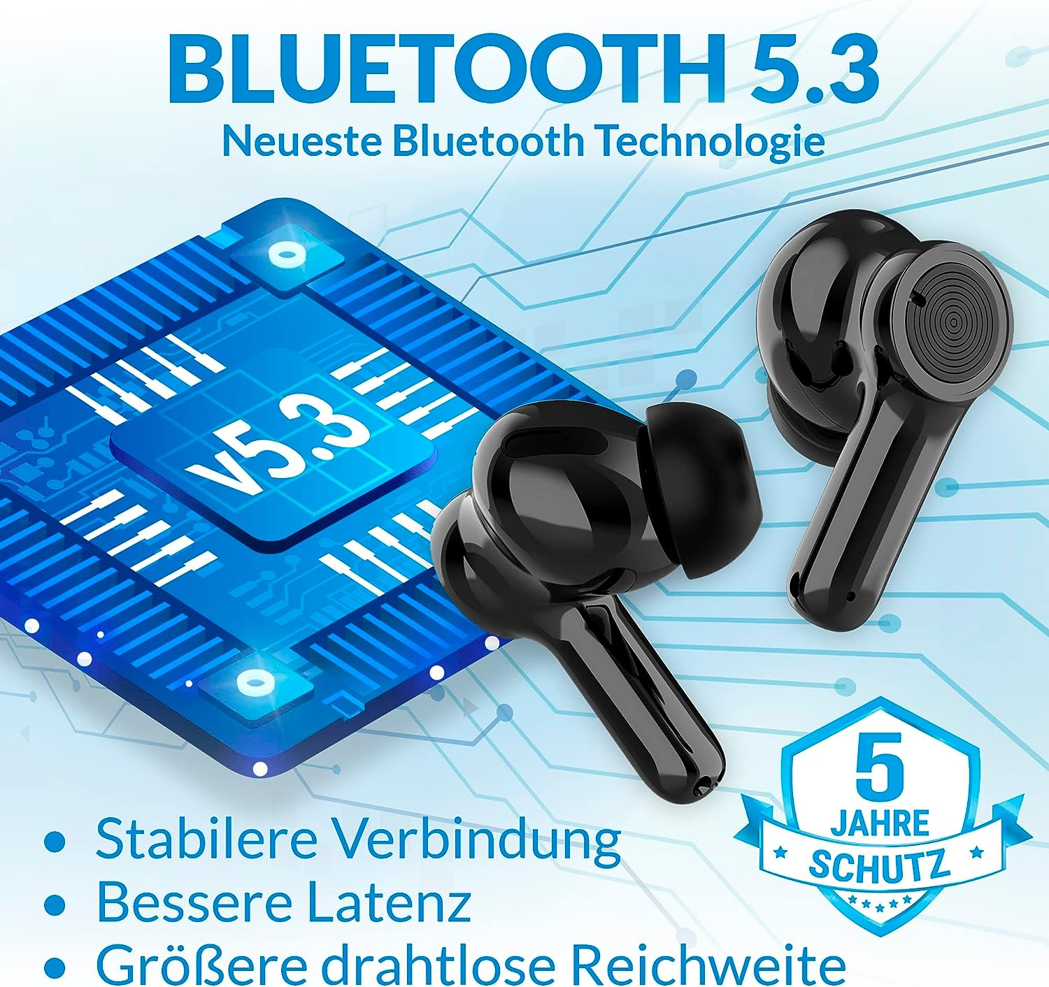 Zwei schwarze kabellose Ohrhörer und eine Bluetooth 5.3 Chip-Grafik mit Text.