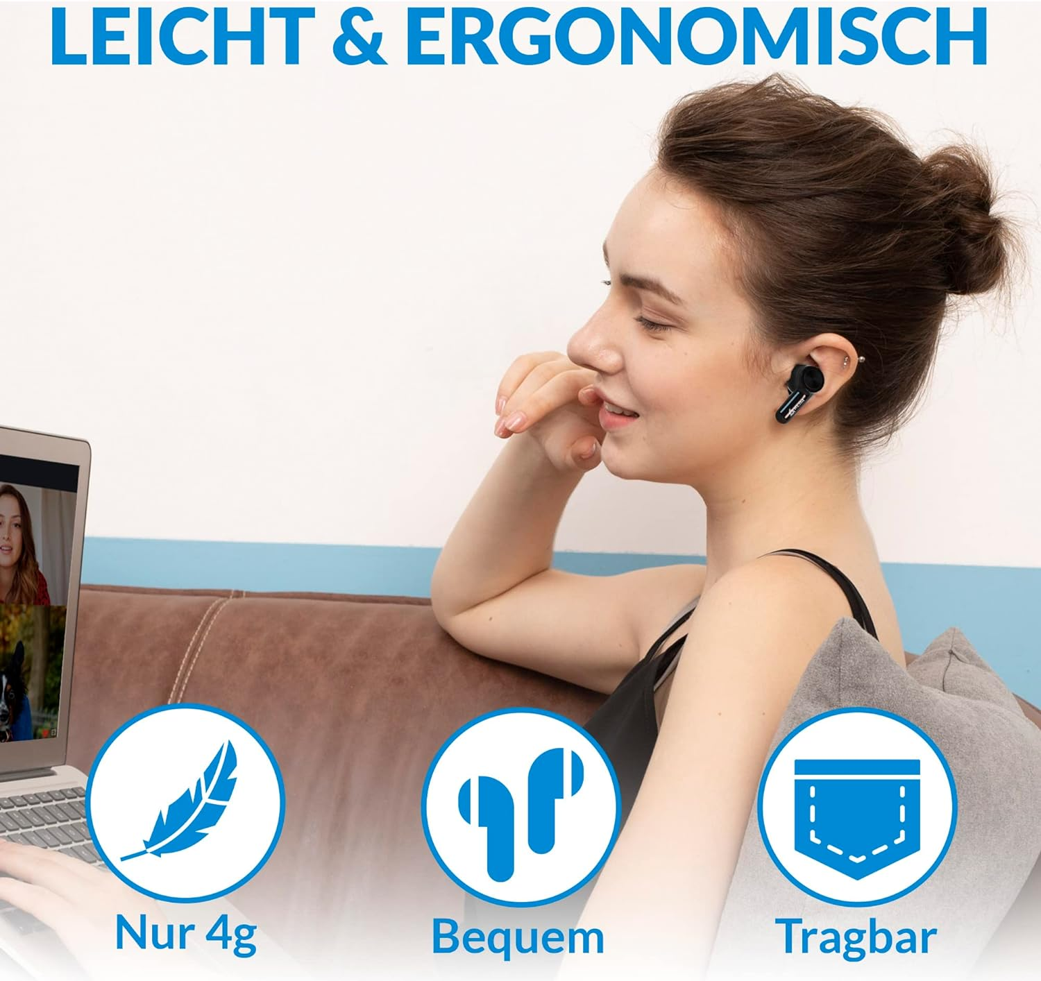 Eine Frau mit Ohrhörern, Laptop mit Videoanruf, und Icons, die leicht und tragbar illustrieren.