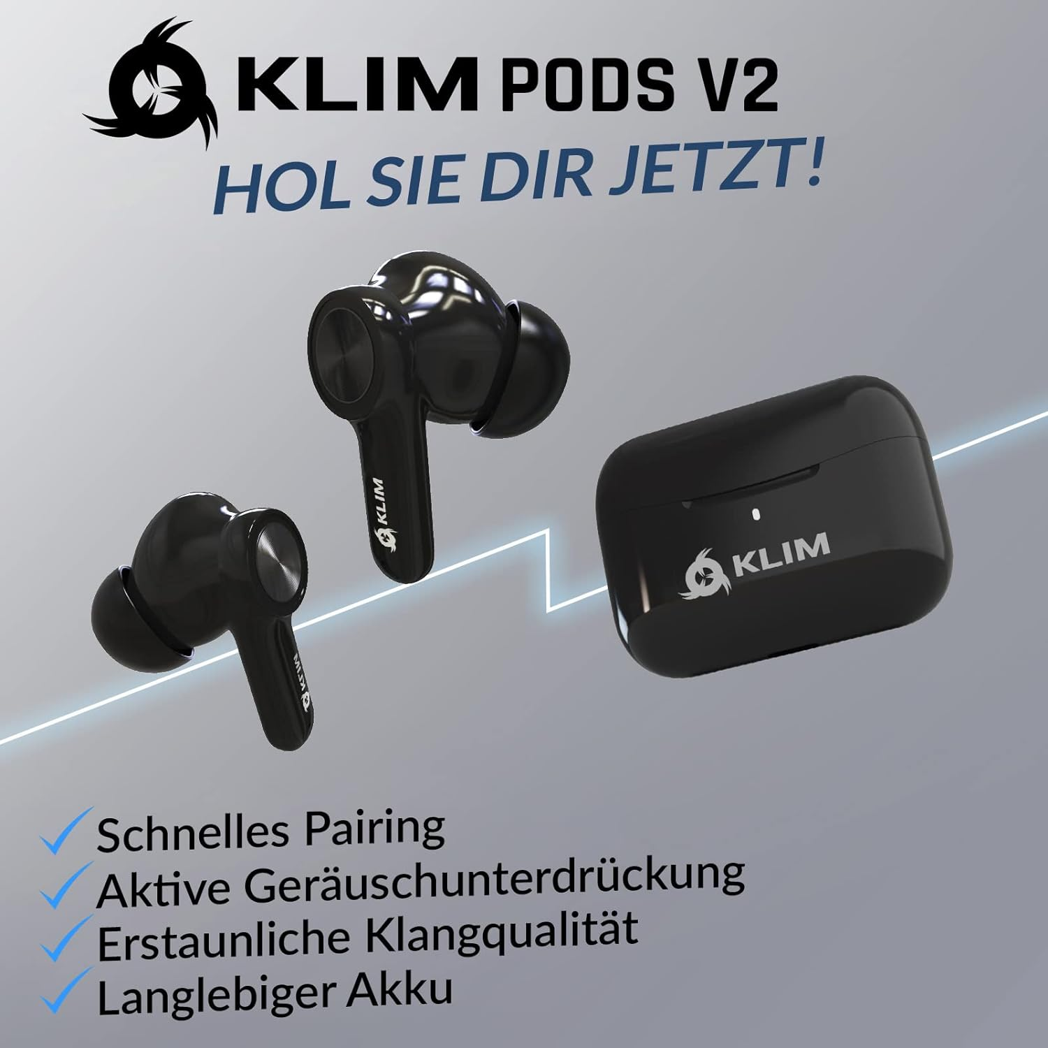 Schwarze kabellose Ohrhörer mit Hülle, Text: KLIM PODS V2, Merkmale unten.