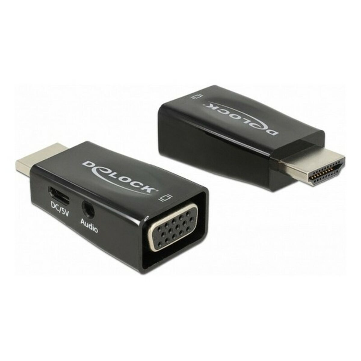 Adattatore HDMI a VGA nero con porta audio. Sfondo bianco, primo piano.