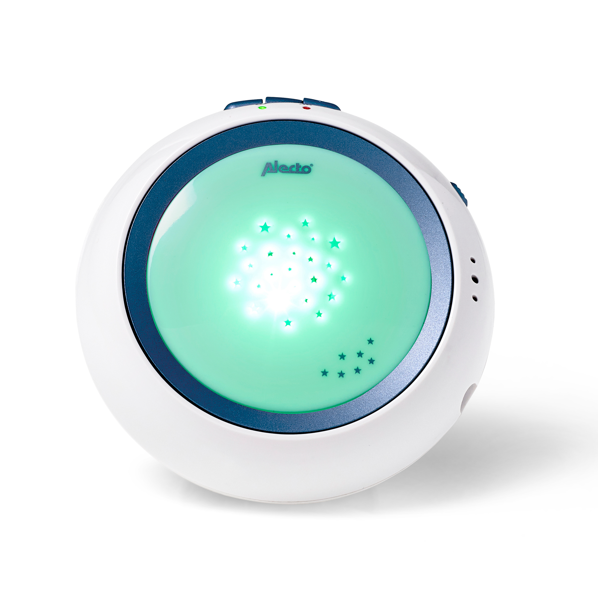 Witte en blauwe babynachtlamp met sterrenprojectie.