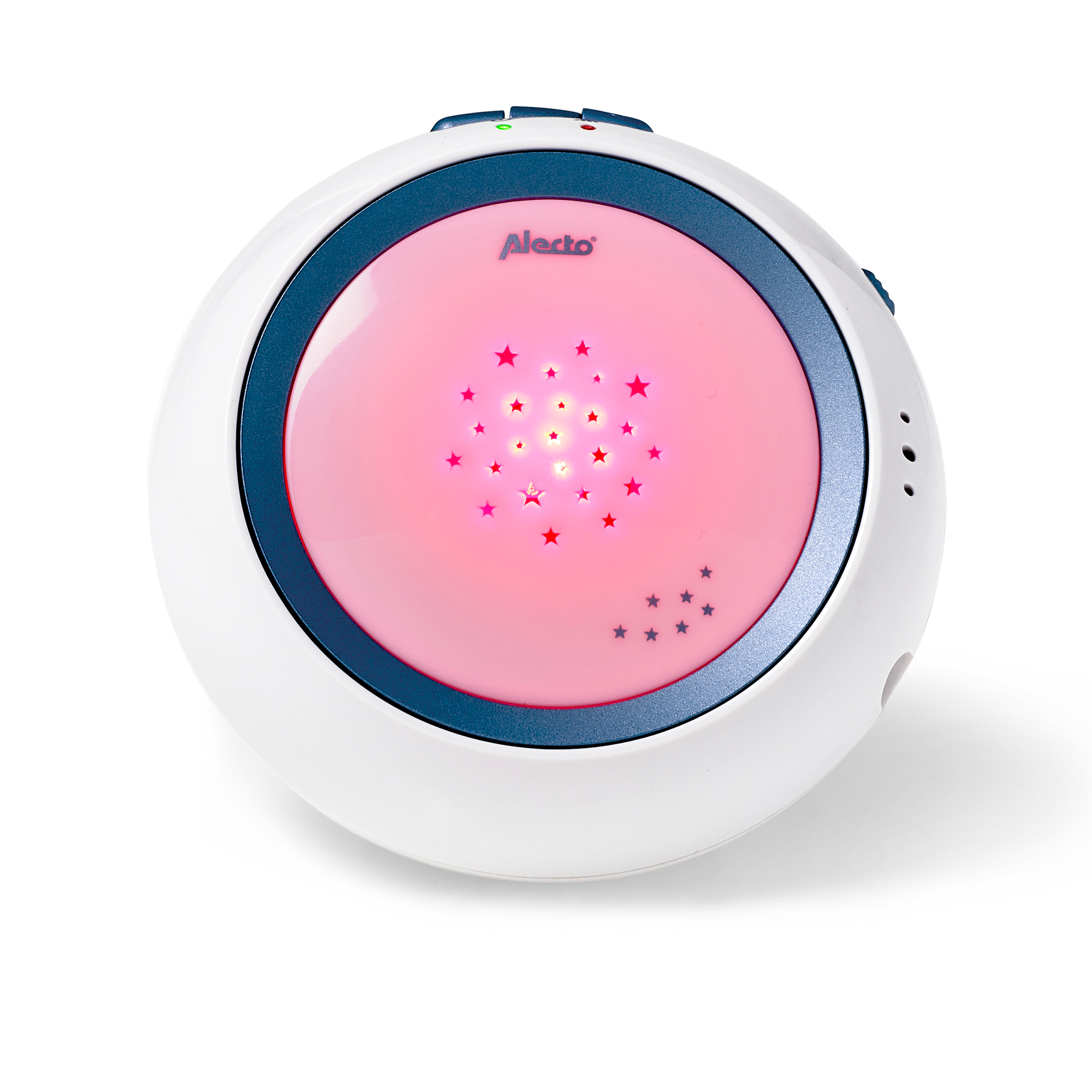 Witte en blauwe fopspeen met roze licht en sterrenpatroon.