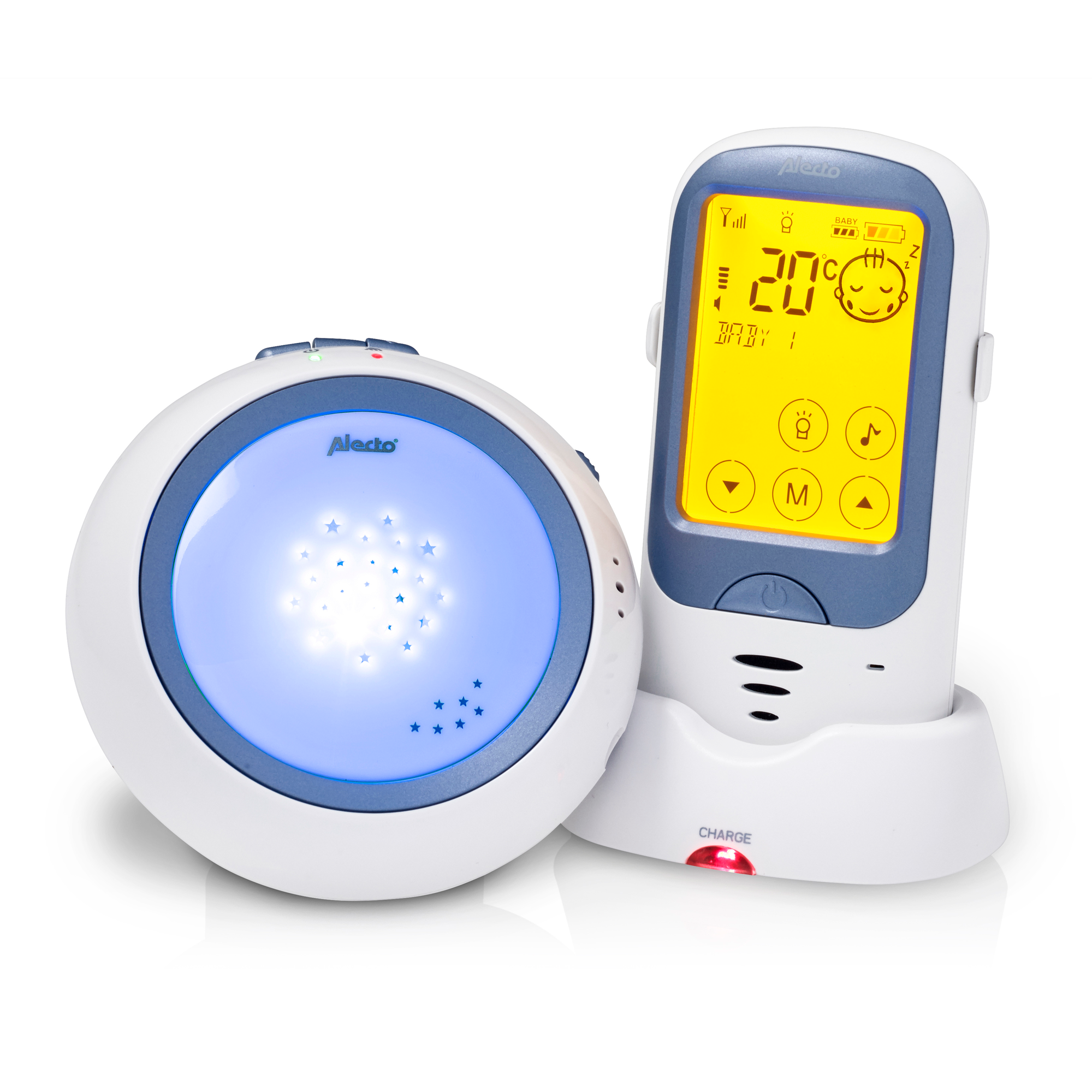 Babyfoon met een witte basis en een geel scherm met cijfers.