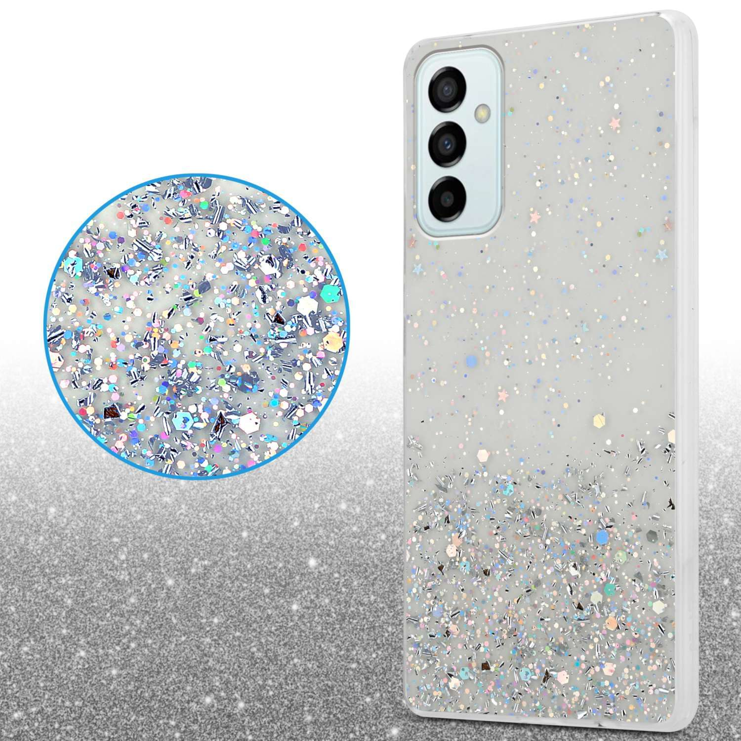 Custodia bianca per telefono con design glitterato. Viene mostrato un dettaglio circolare ingrandito.