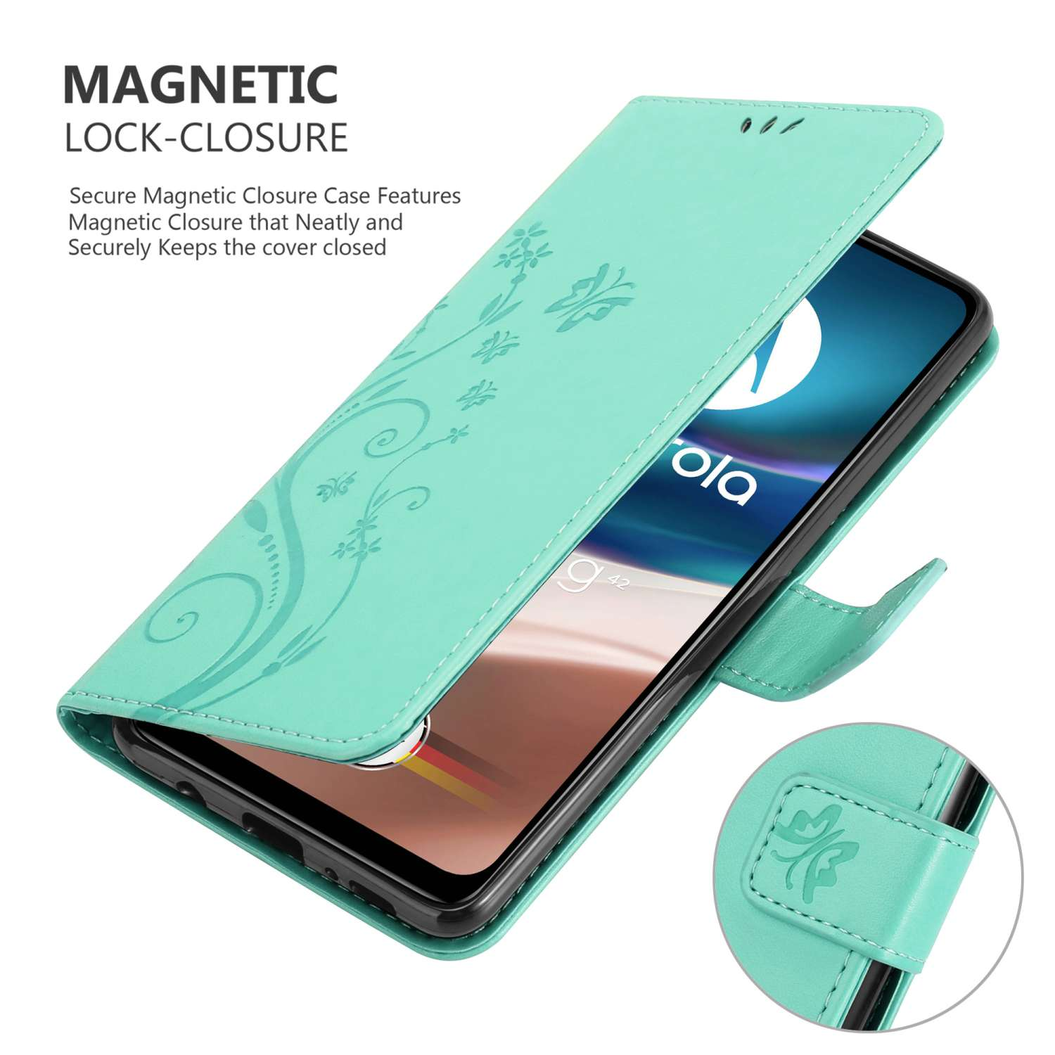 Una custodia per telefono color verde acqua con un design floreale, aperta per rivelare il telefono e una chiusura magnetica.