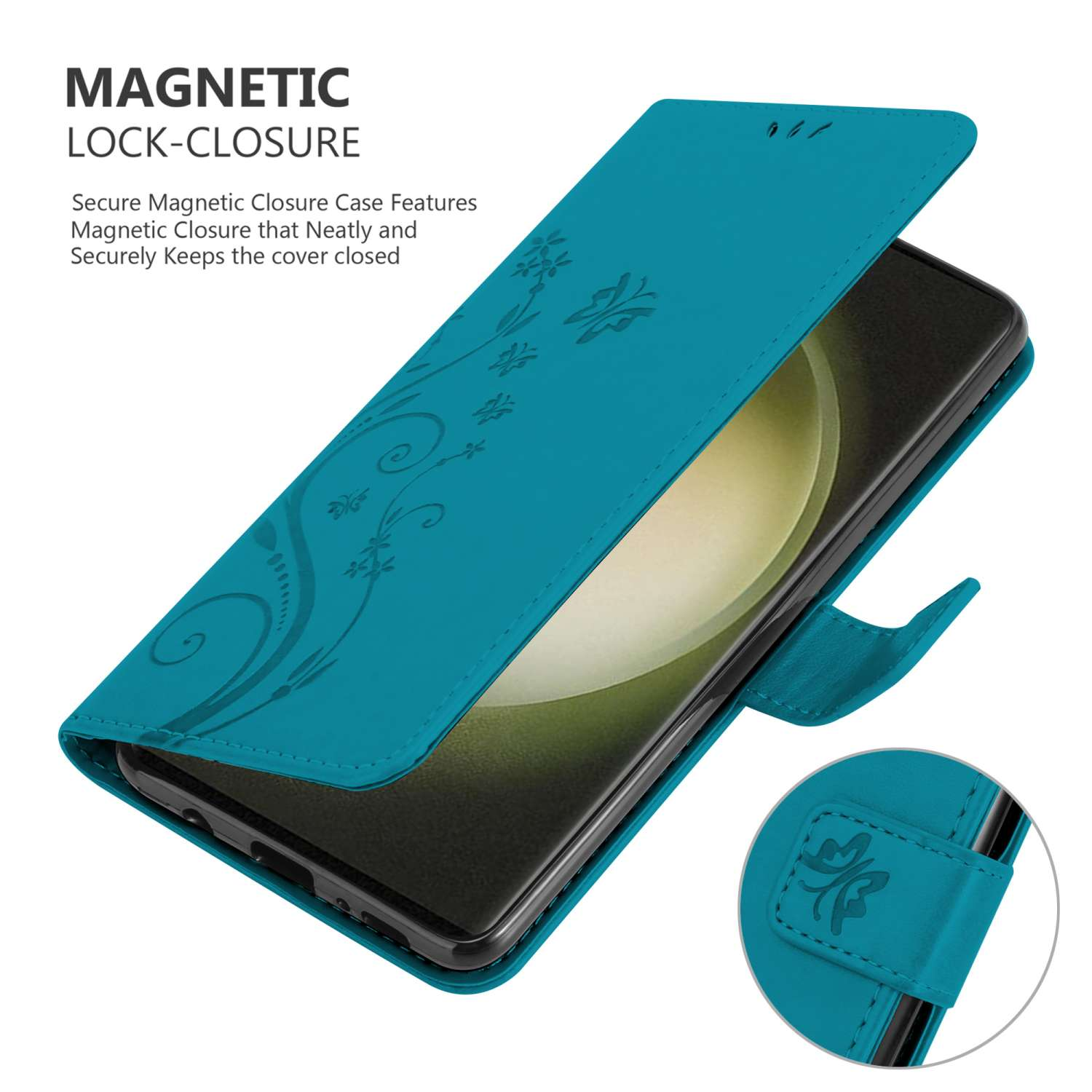 Custodia per telefono turchese con design floreale. La cover è aperta, mostrando il telefono. Chiusura magnetica visibile.