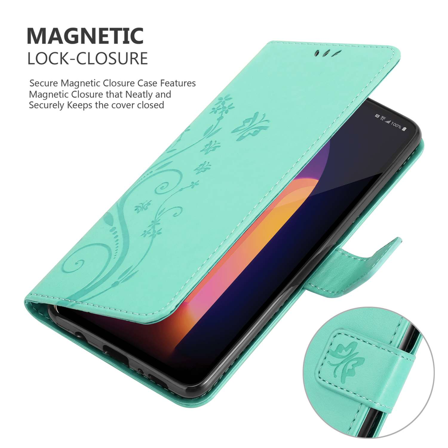 Custodia verde menta aperta che mostra un telefono. Ha un design floreale e chiusura magnetica.