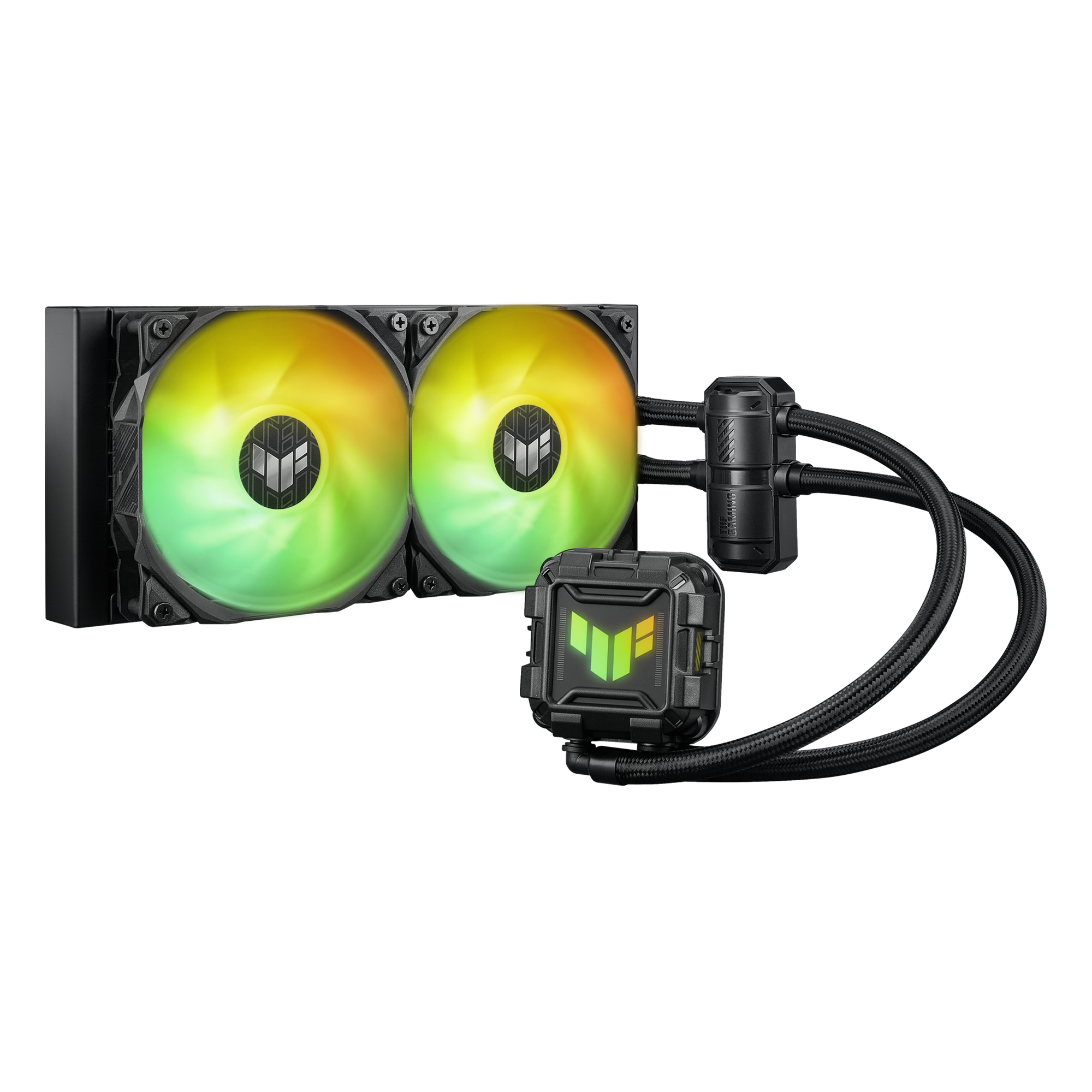 Czarny chłodnica cieczy do komputera z dwoma wentylatorami i pompą, na czarnym tle.