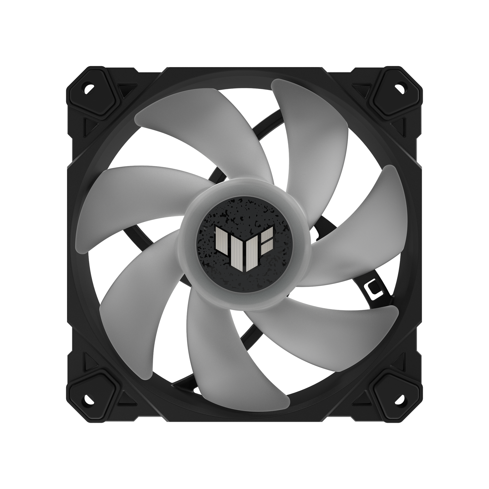 Ein Computerlüfter mit sieben grauen Flügeln und einem schwarzen Rahmen. Es hat ein Logo in der Mitte.