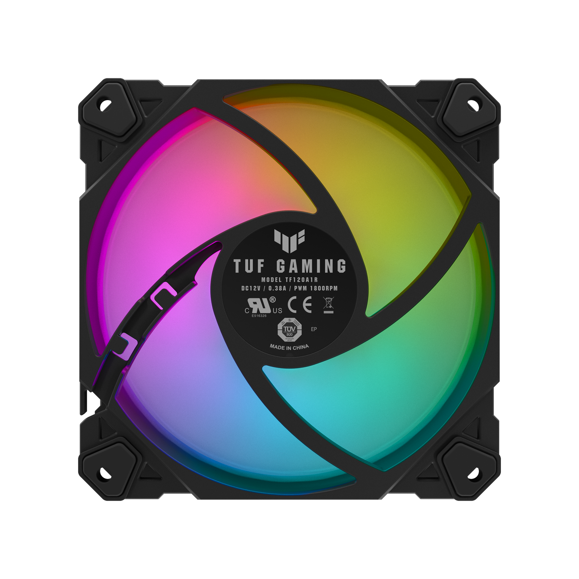 Schwarzer TUF Gaming PC-Lüfter mit farbenfroher Beleuchtung.