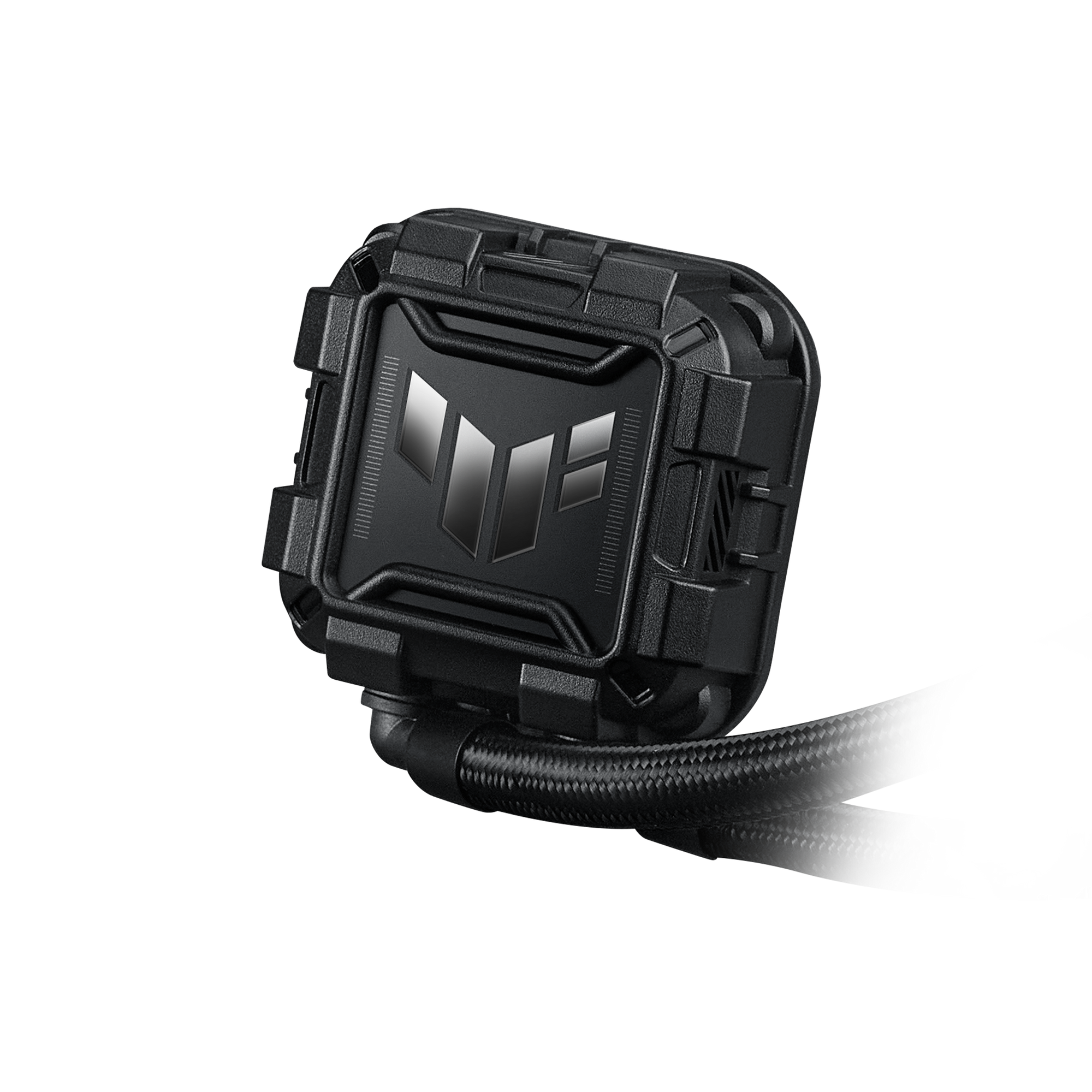 Czarny chłodnica wodna do komputera z logo TUF. Czarne tło.