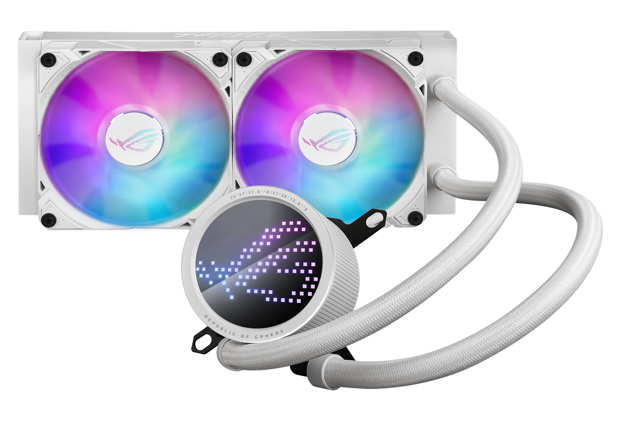 Biały system chłodzenia komputera z dwoma wentylatorami, rurkami i centralnym komponentem z diodami LED.