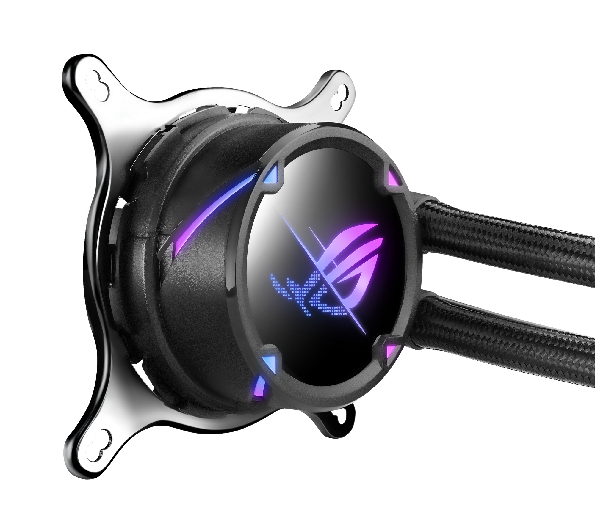 Computer-Kühlsystem mit ROG-Logo, schwarz und silber, mit blauen und violetten Lichtern.