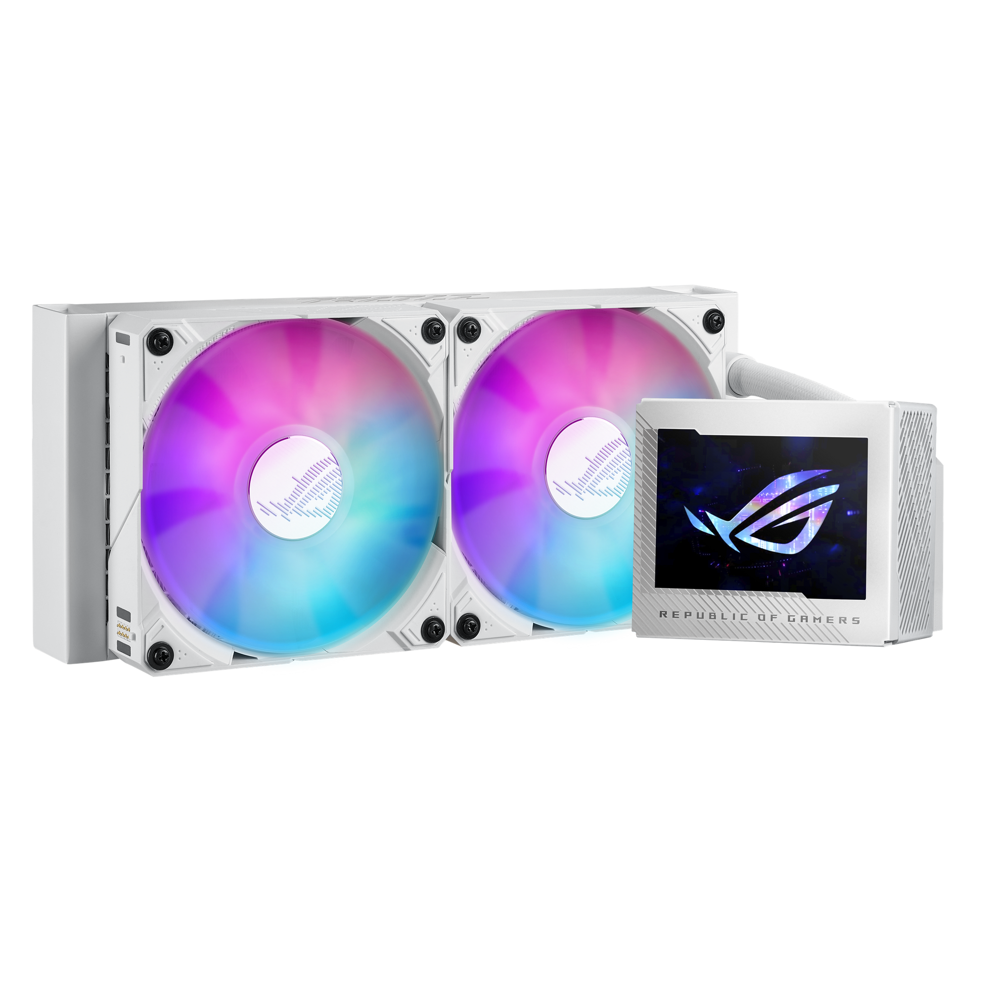 Biały system chłodzenia cieczą z dwoma wentylatorami i ekranem wyświetlającym logo.