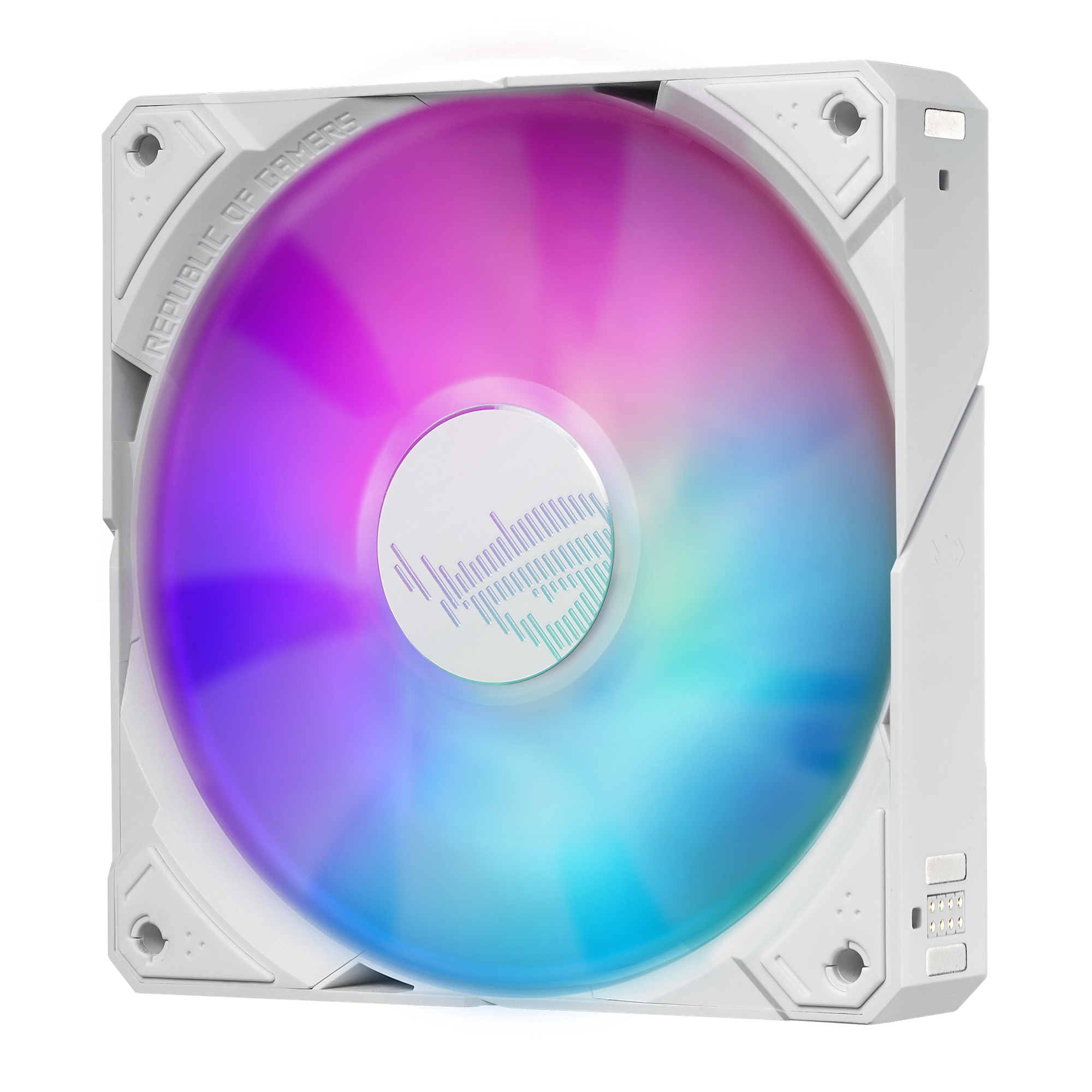 Biały wentylator komputerowy z kolorowymi światłami RGB pośrodku.