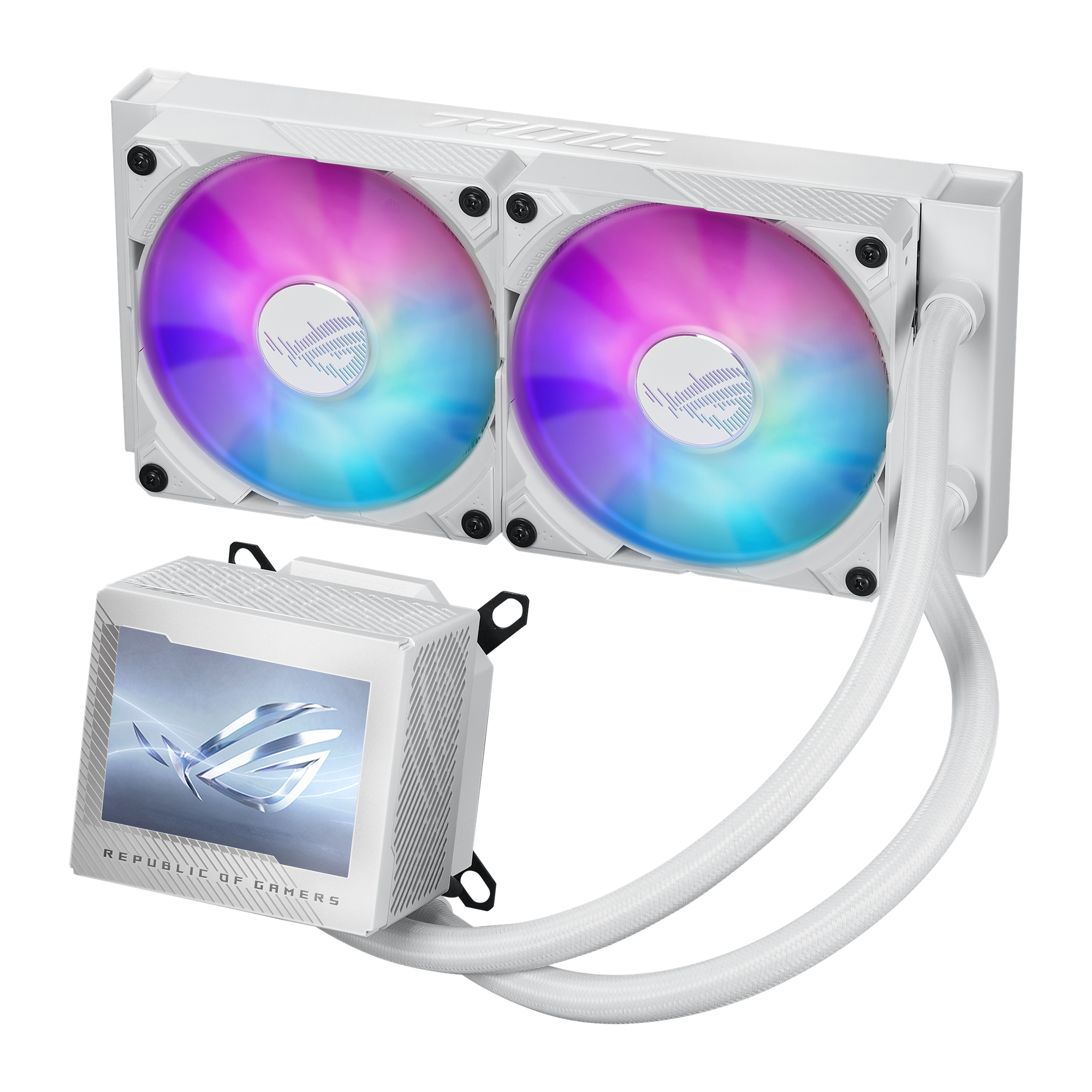 Biała chłodziarka do komputera z dwoma wentylatorami i pompą z logo ROG. Wentylatory wyświetlają kolorowe światła.