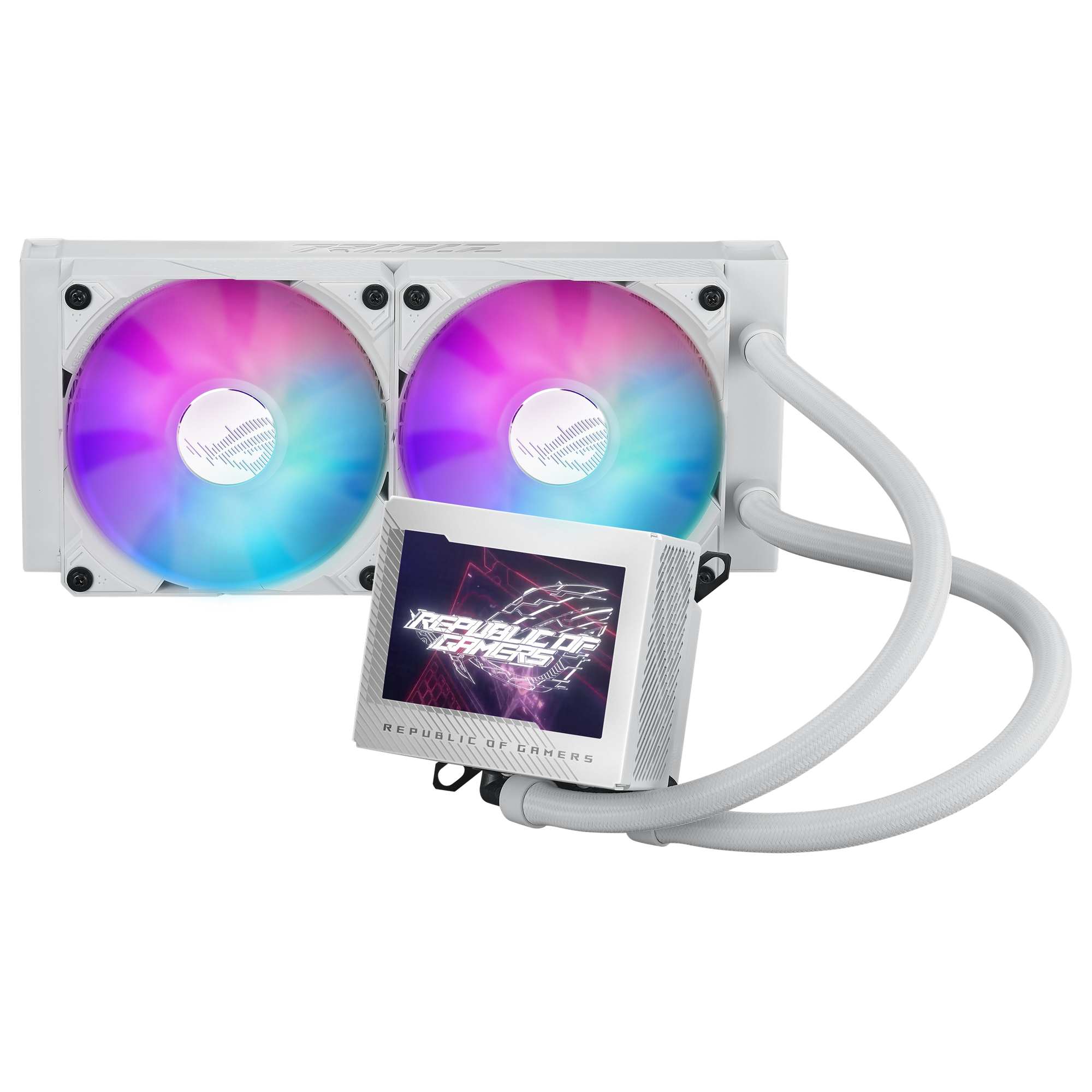 Biały system chłodzenia komputera z dwoma wentylatorami. Ekran wyświetla tekst i grafikę. Rury łączą komponenty.