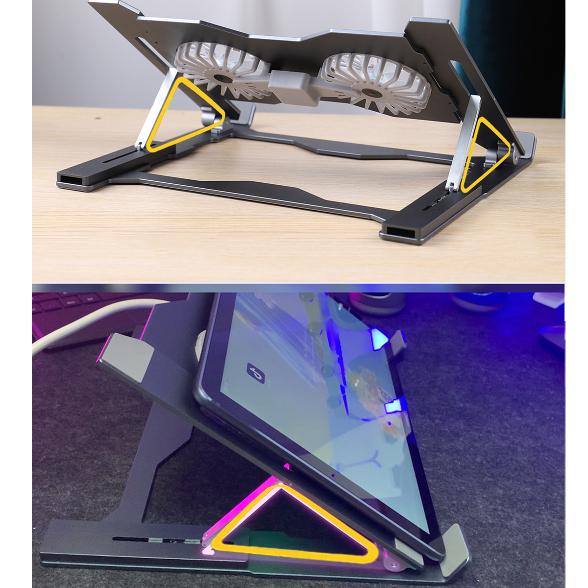 Ein Laptop-Ständer in zwei Bildern. Der Ständer ist grau mit gelben Akzenten. Ein Tablet befindet sich im zweiten Bild auf dem Ständer.