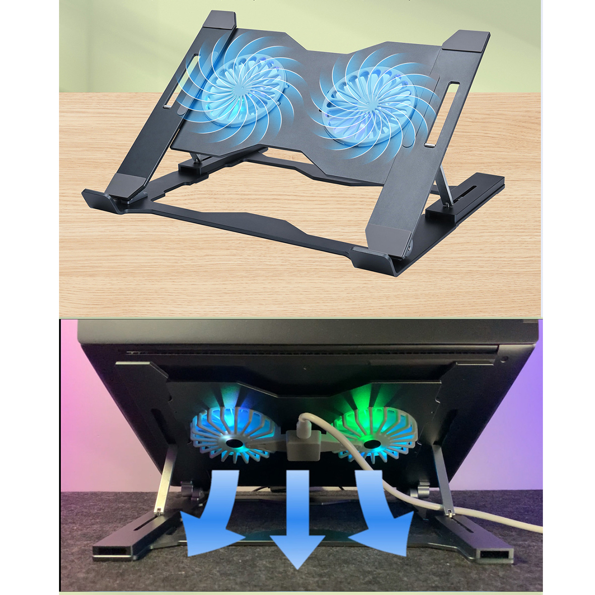 Ein schwarzer Laptop-Kühler mit zwei Lüftern. Die Draufsicht zeigt das Gerät, die Unterseite die Lüfter.