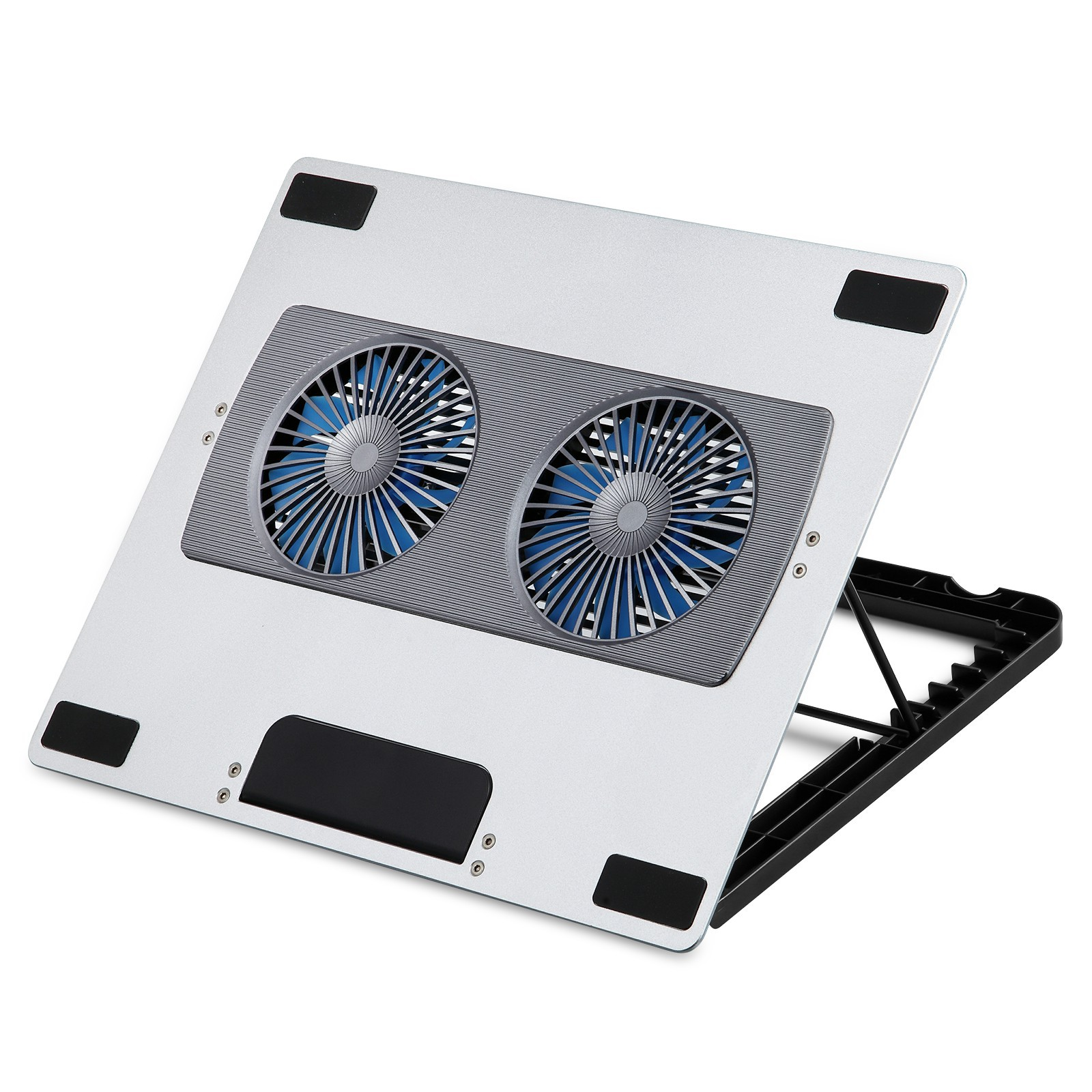 Ein silbernes Laptop-Kühlpad mit zwei blauen Lüftern. Es ist zum Gebrauch angewinkelt geöffnet.