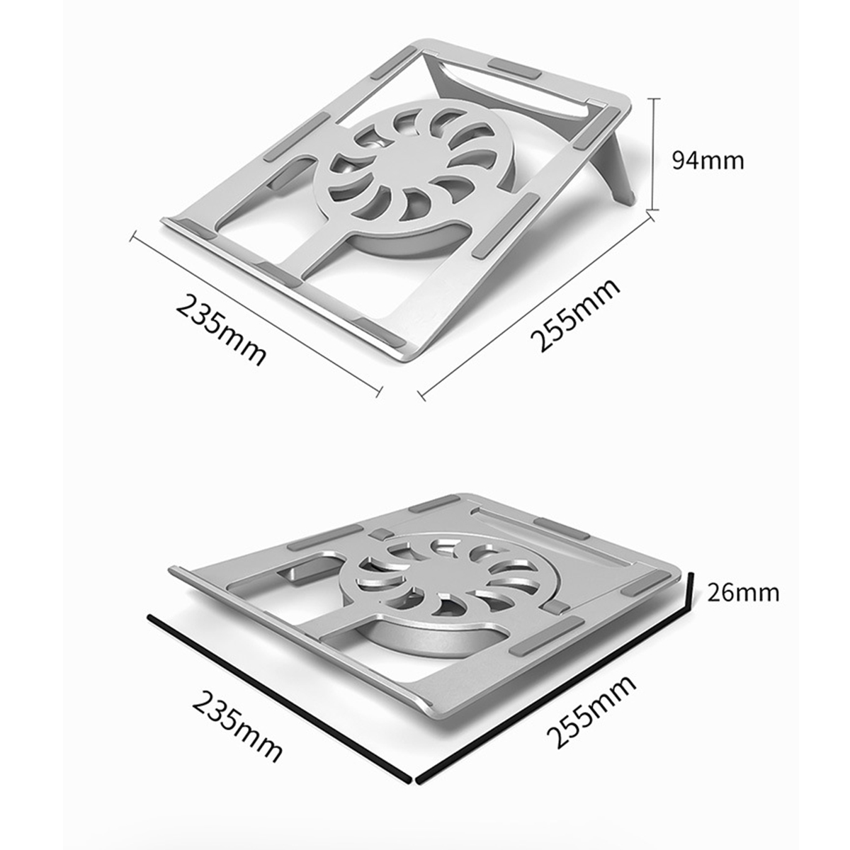 Silberner Laptop-Ständer mit Abmessungen. Draufsicht: 235x255mm. Seitenansicht: 26mm, 94mm.