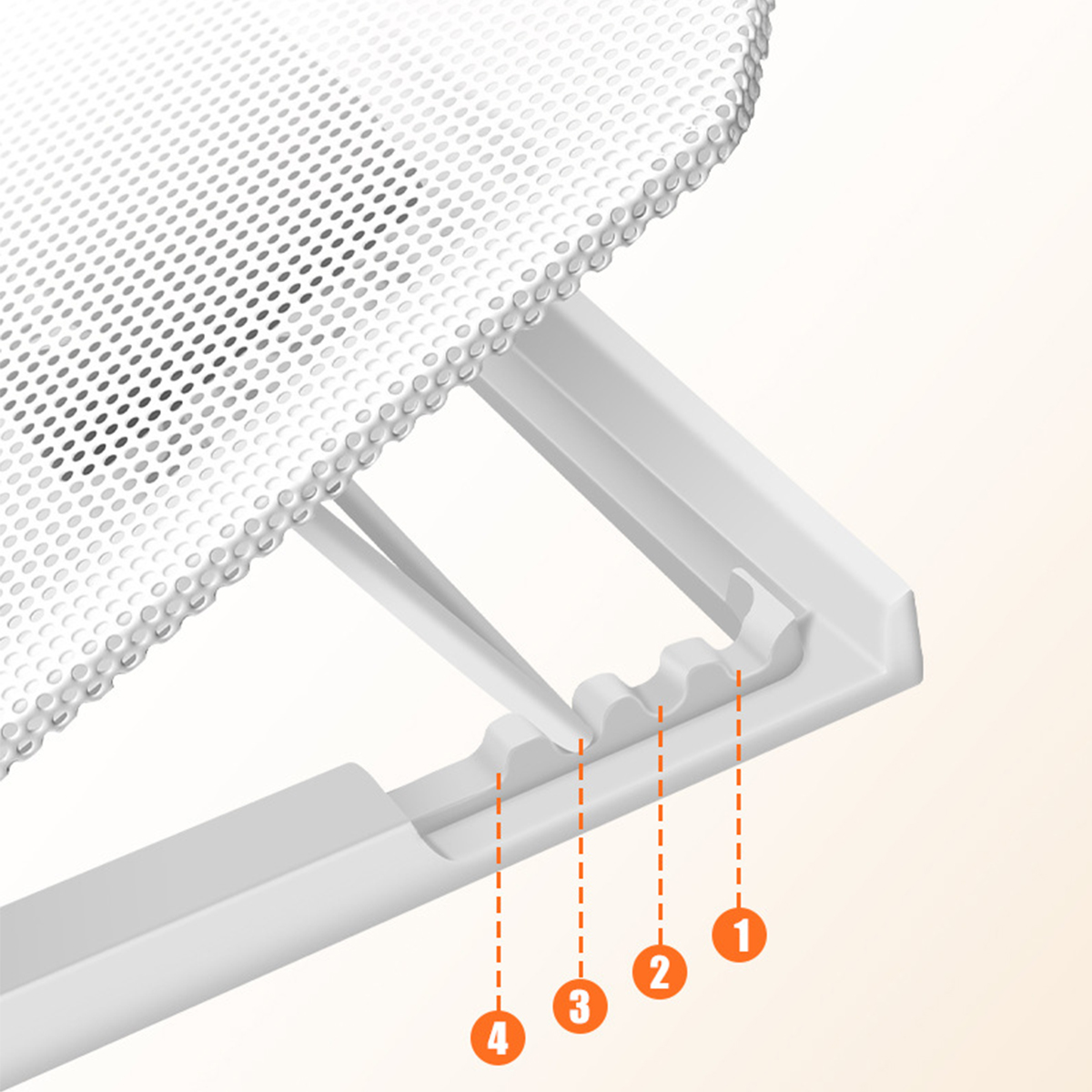 Weißer Laptopständer mit nummerierten Details: 1, 2, 3 und 4, auf hellorangefarbenem Hintergrund.