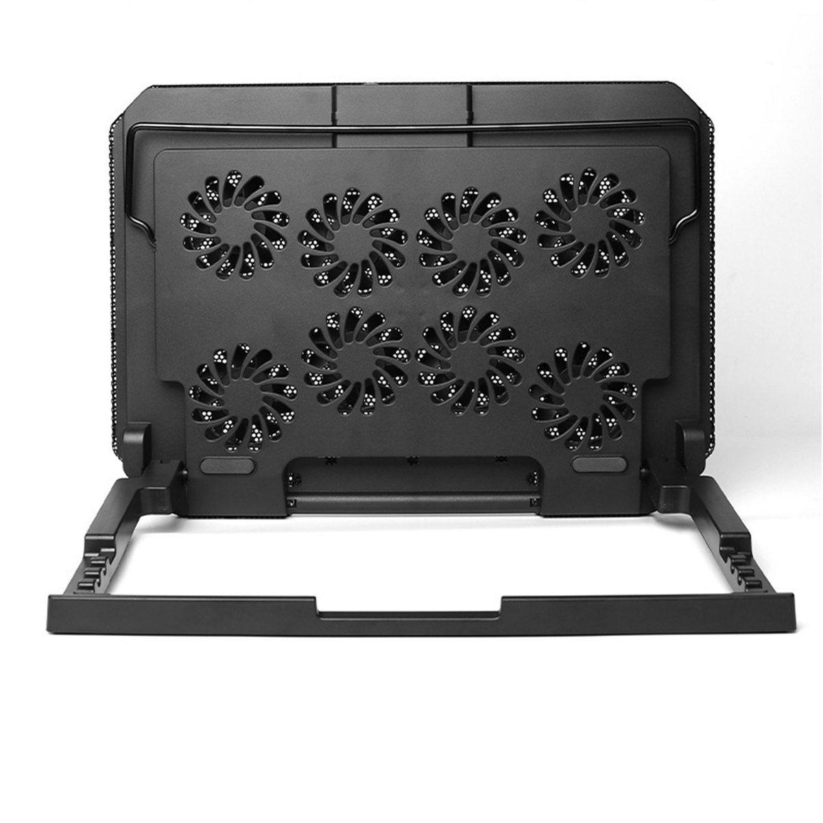 Ein schwarzes Laptop-Kühlpad mit mehreren Lüftern. Das Pad ist geöffnet und einsatzbereit.