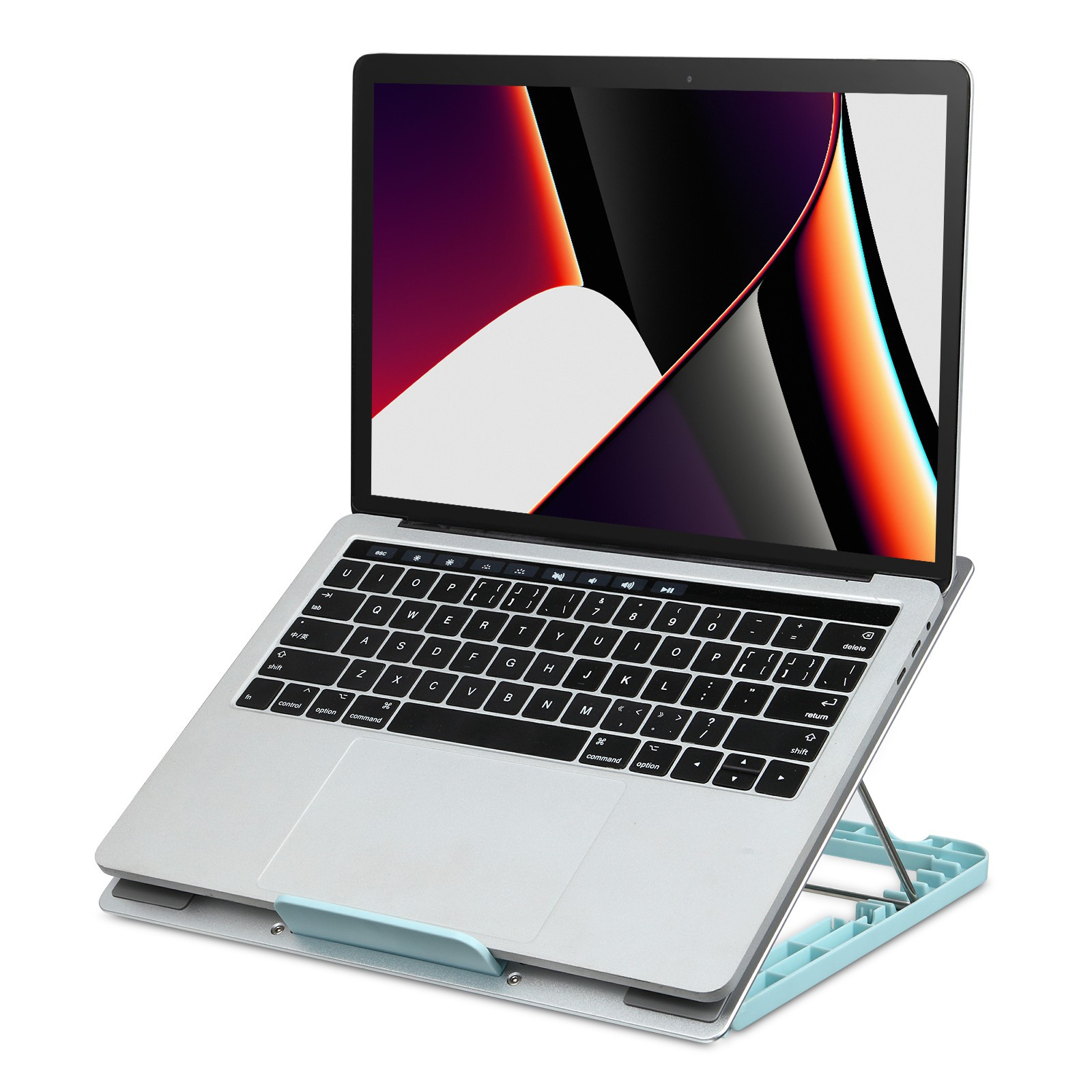 Laptop auf hellblauem Ständer, mit Tastatur und Bildschirm, der einen Farbverlauf zeigt.