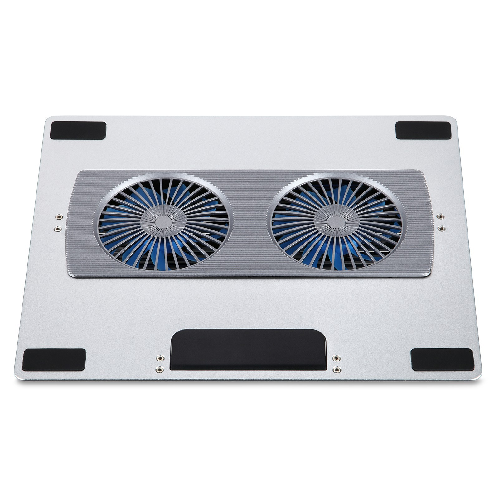 Silberner Laptop-Kühler mit zwei Lüftern und blauen Flügeln.
