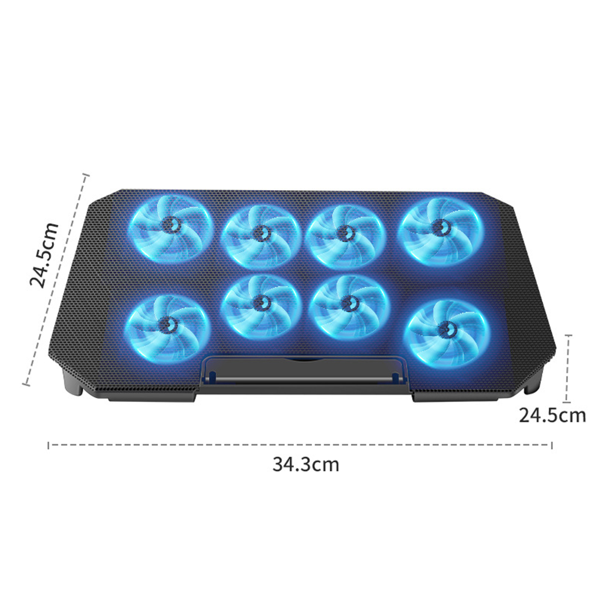 Schwarzer Laptop-Kühler mit 8 blauen Lüftern. Abmessungen sind in cm angegeben.