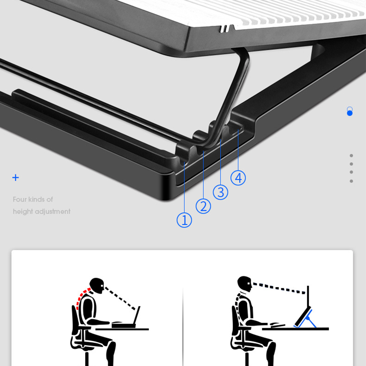 Laptopständer mit Höheneinstellungsoptionen, mit Diagrammen zur Haltungskorrektur.