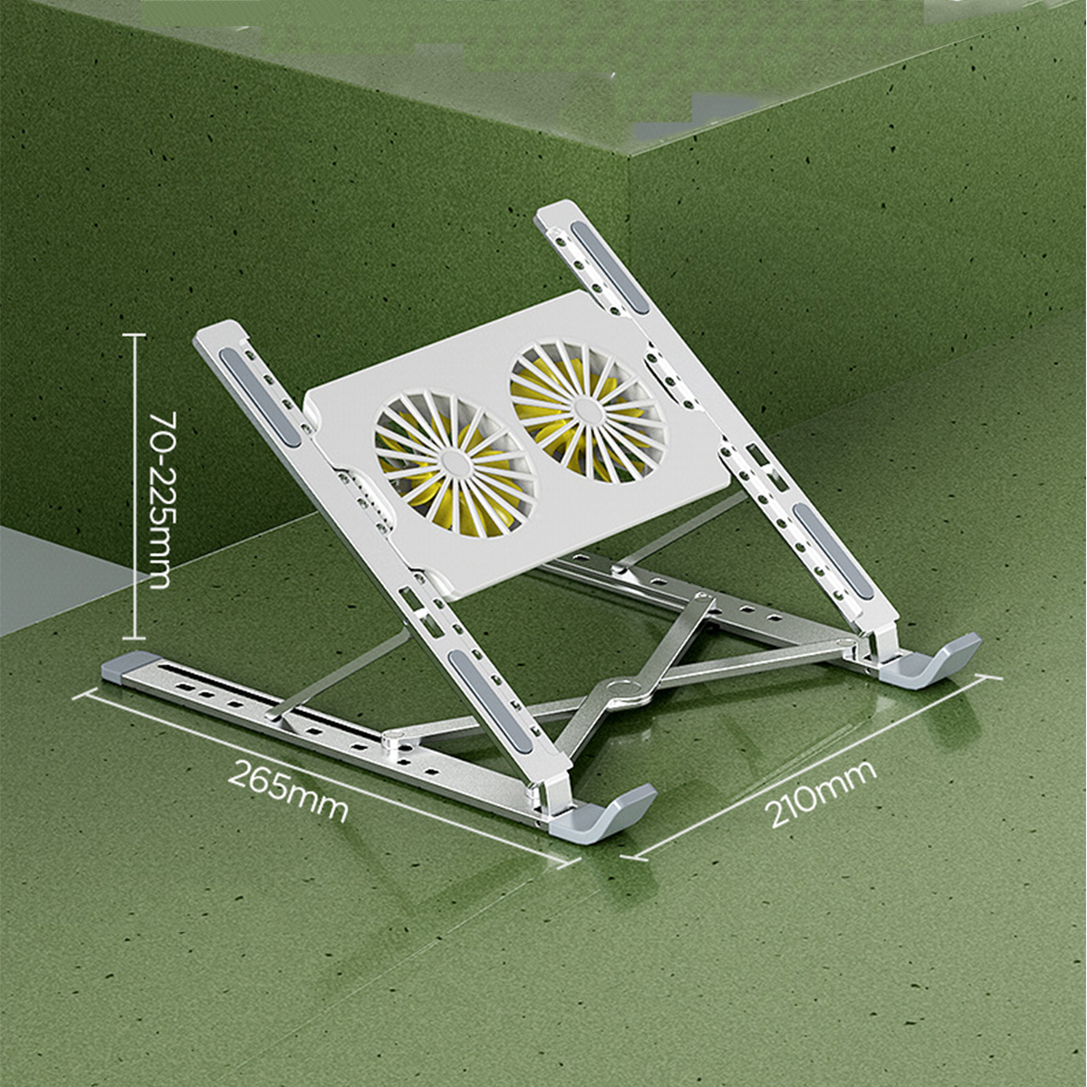 Silberner Laptop-Ständer mit zwei Lüftern. Maße: 265 mm, 210 mm, 70-225 mm. Grüner Hintergrund.