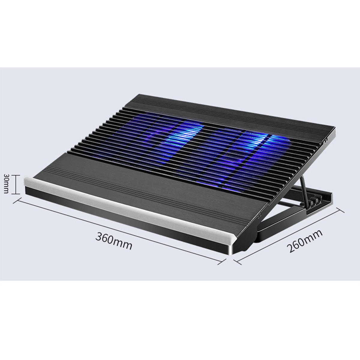 Schwarzes Laptop-Kühlpad mit blauen LED-Leuchten. Silberne Zierleiste und abgewinkeltes Design, mit Maßangaben.