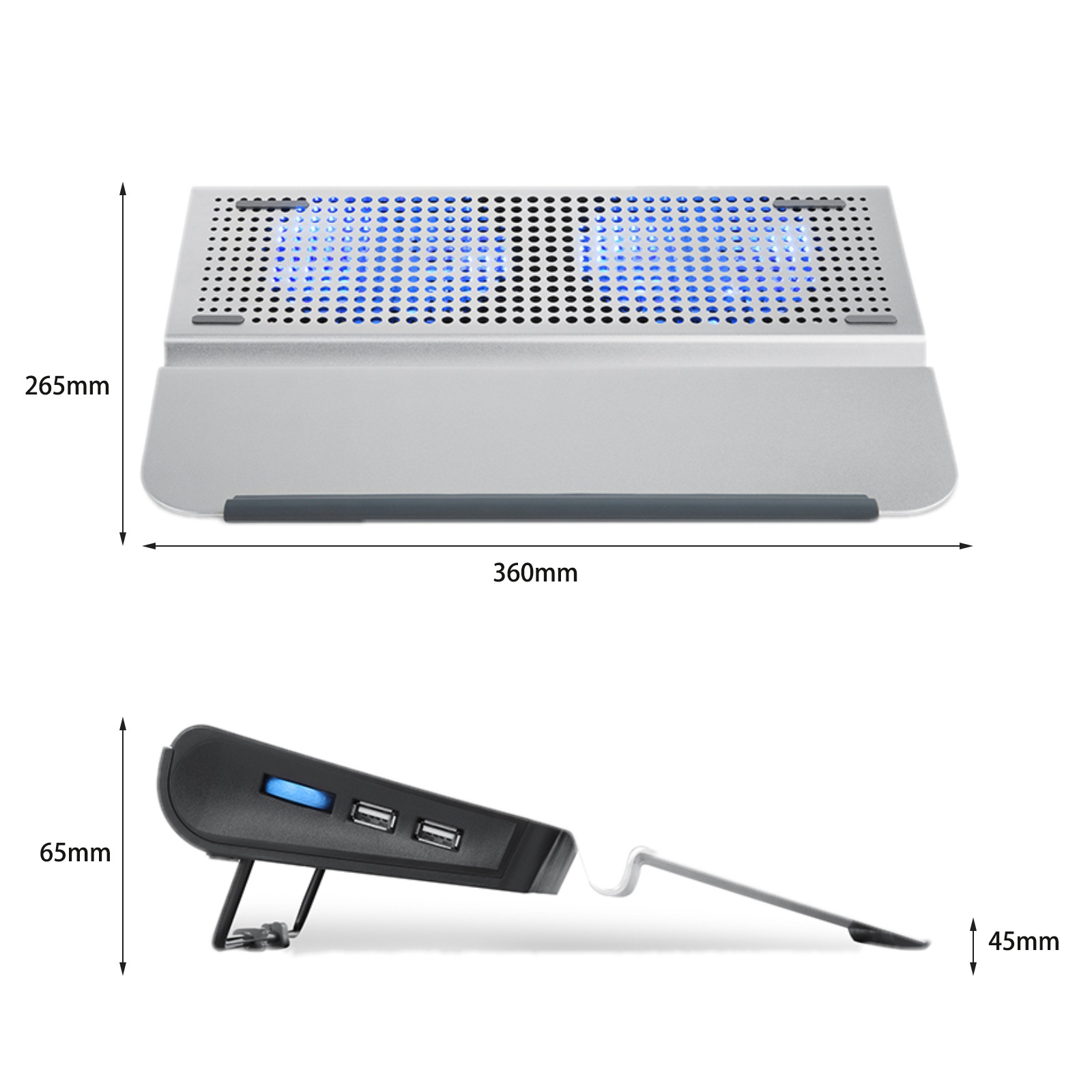 Silberner Laptop-Kühler mit blauen LED-Leuchten, abgewinkeltem Design und Lüftungslöchern. Messungen sind sichtbar.
