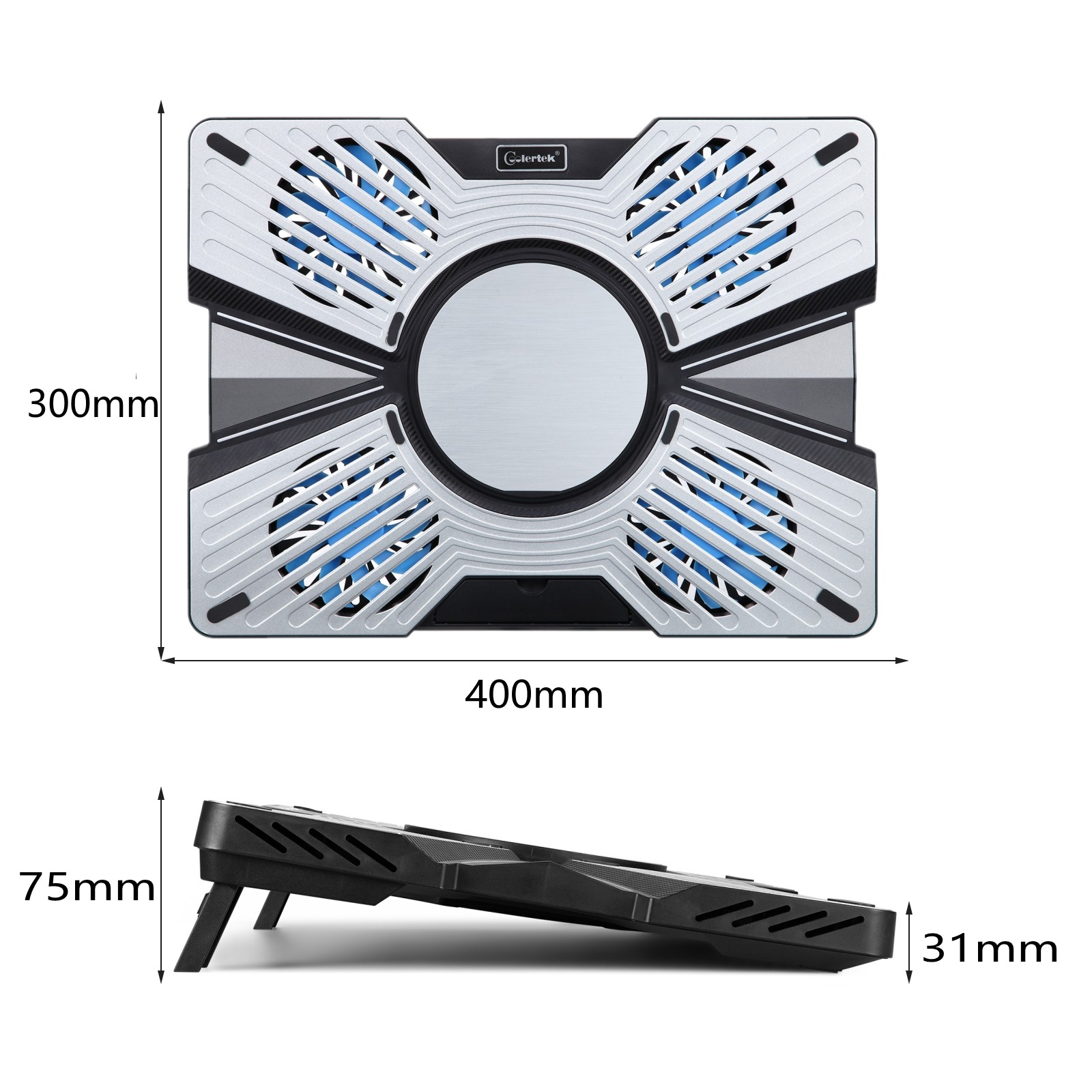 Laptop-Kühler mit vier blauen Lüftern. Er hat ein silbernes und schwarzes Design mit Abmessungen in mm.