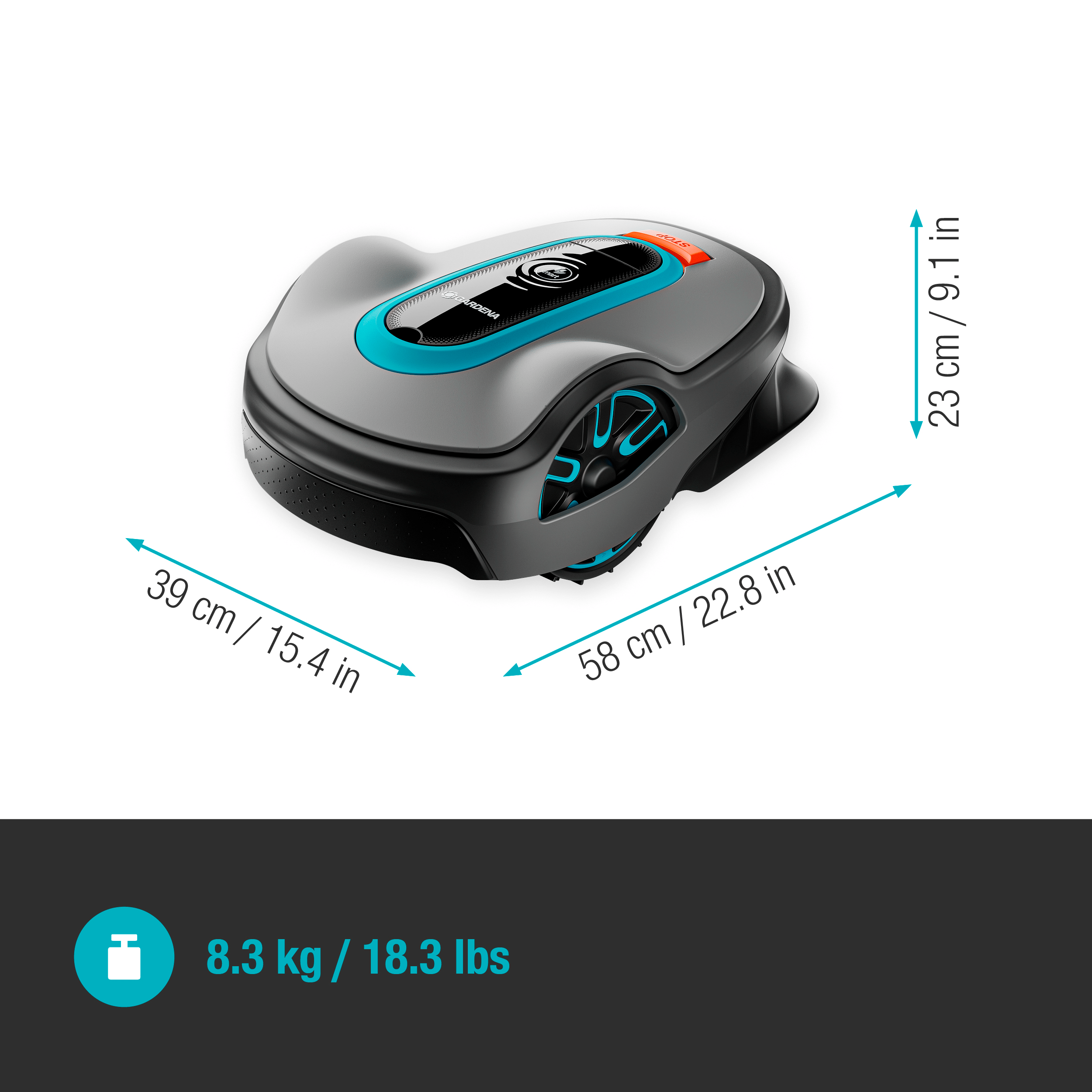 Szara kosiarka automatyczna z wymiarami. Ma czarną podstawę i niebieski wierzch.