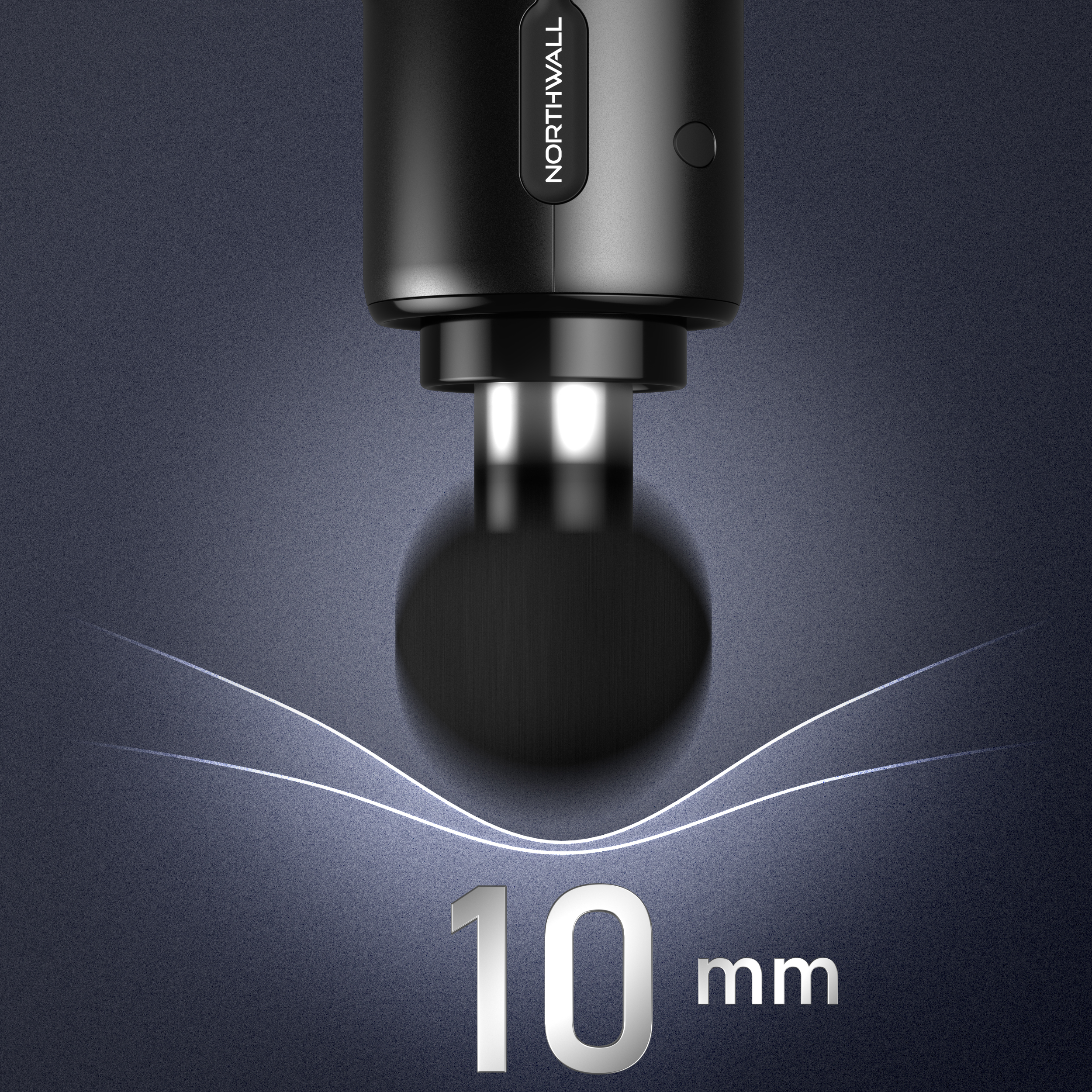 Black massage gun with the North Wall logo. 10mm indication below the head.