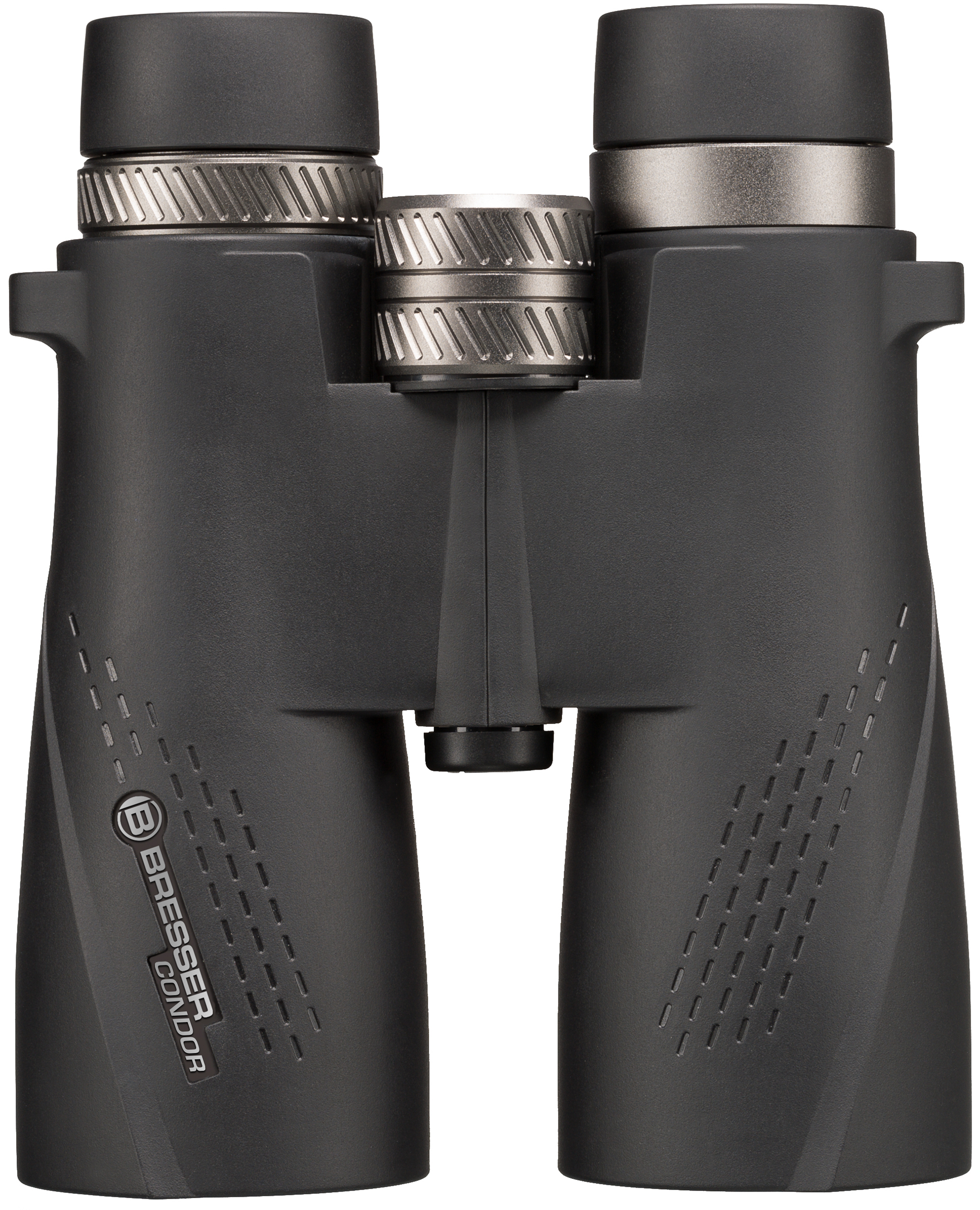 Binoculares negros con detalles plateados, marca Bresser Condor. Incluye anillos de enfoque ajustables.