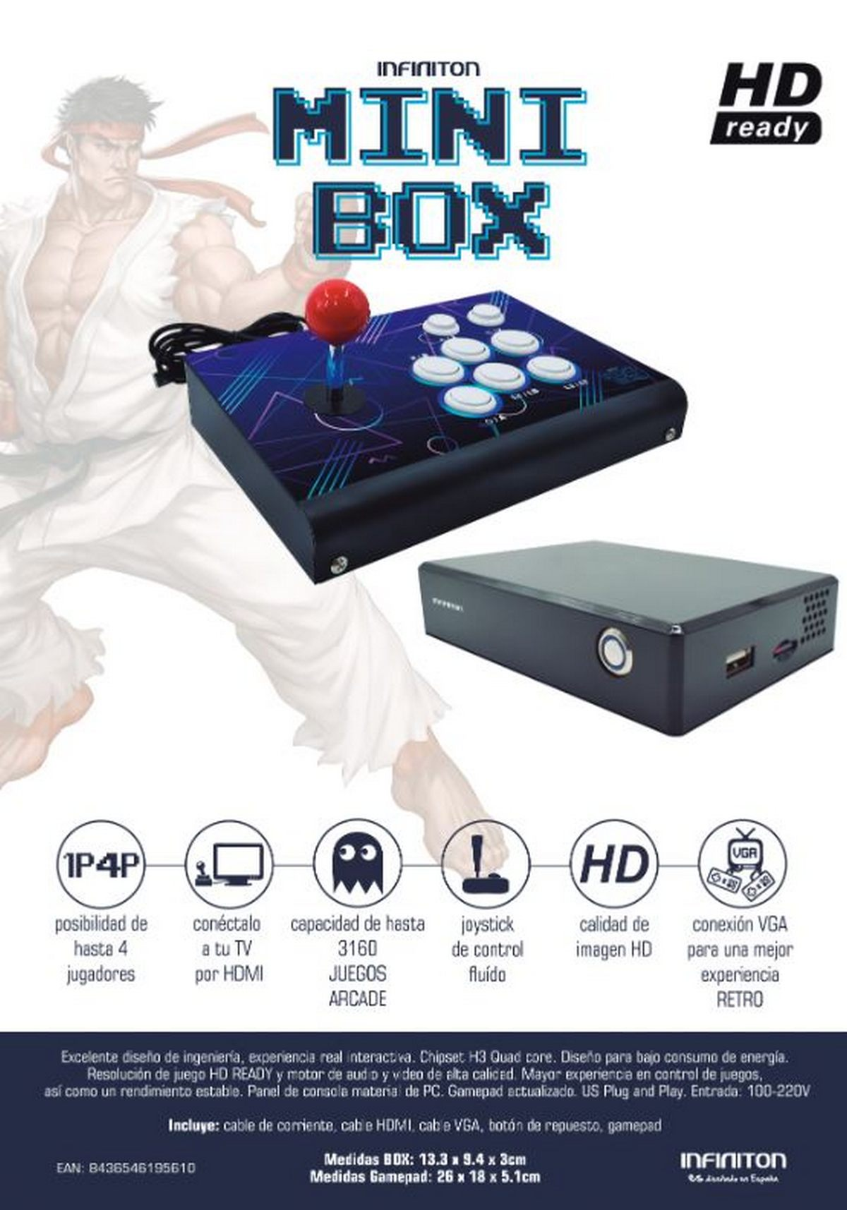 Un joystick de juego con bola roja arriba, botones y caja negra, con superposición de texto e ilustración de hombre.