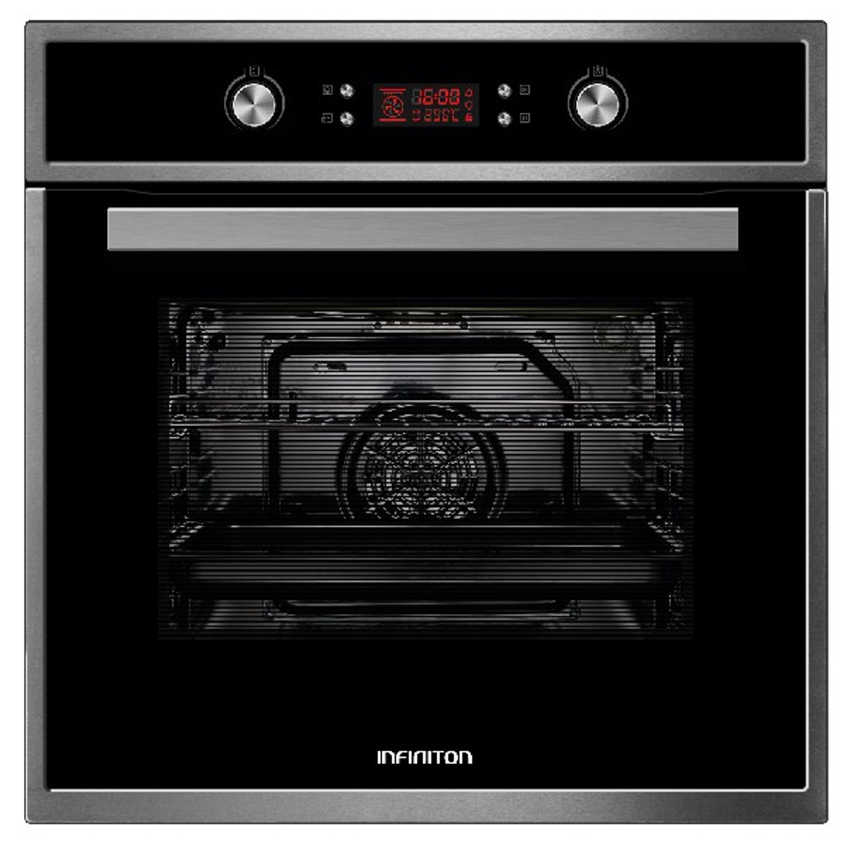 Un horno empotrado negro con dos mandos y una pantalla, mostrando la hora y la temperatura.