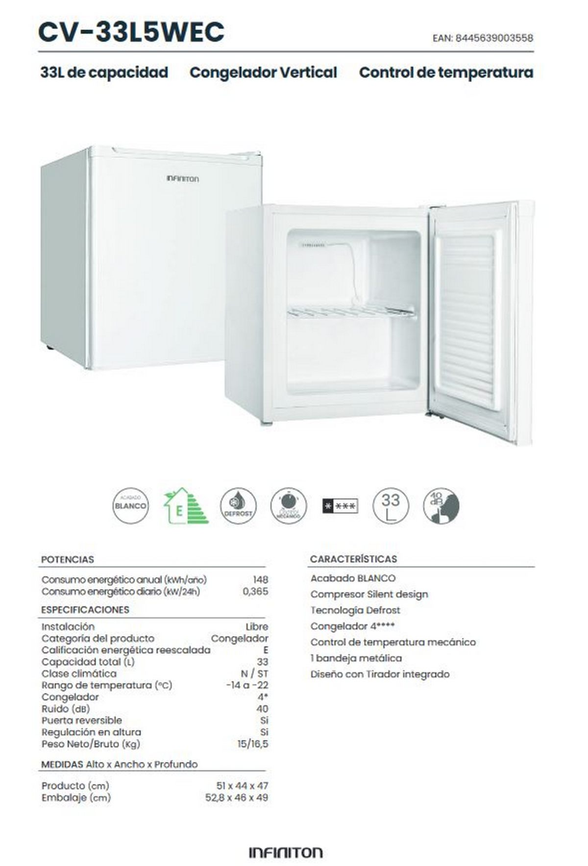 Un refrigerador blanco con la puerta abierta. Las especificaciones como el consumo de energía y las dimensiones se enumeran a continuación.