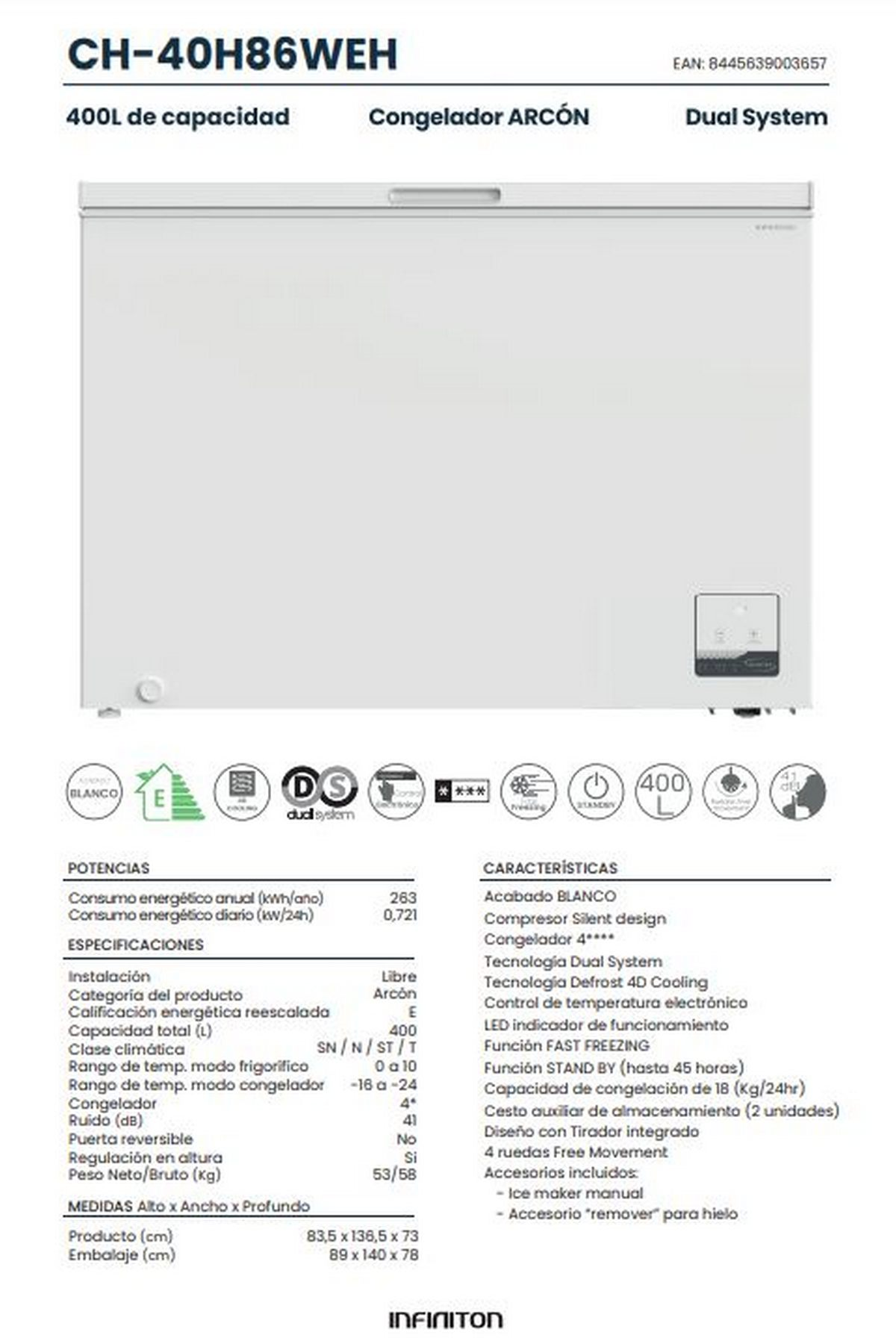 Un congelador de arcón blanco con etiquetas de texto y especificaciones en la parte delantera.