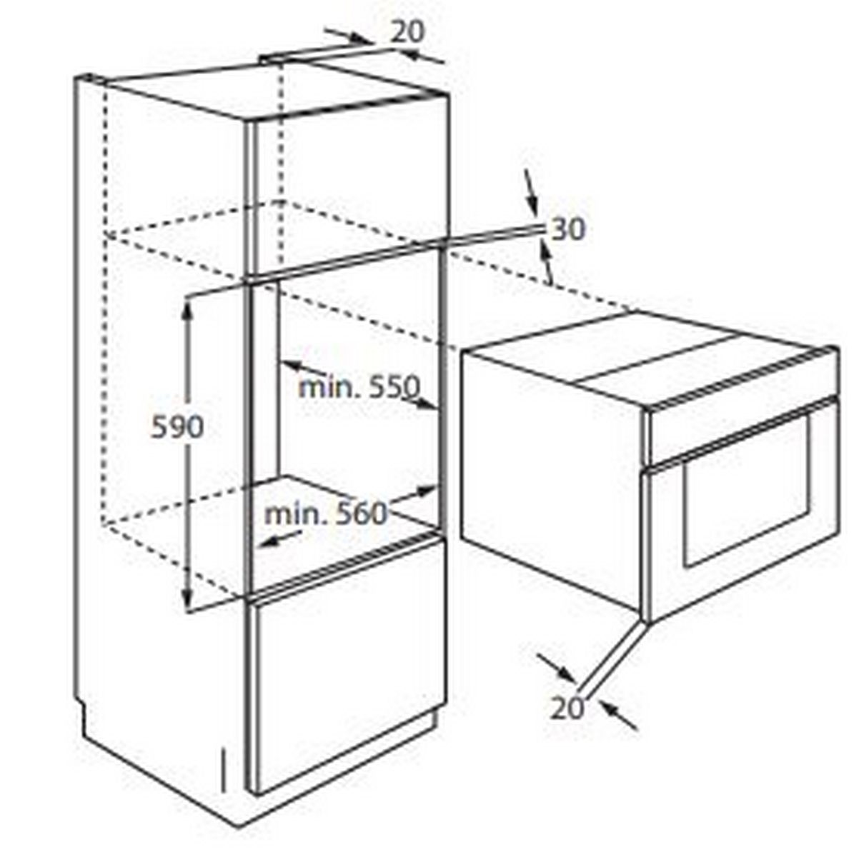 Dibujo lineal de un electrodoméstico. Un refrigerador y un horno que muestran medidas y dimensiones.