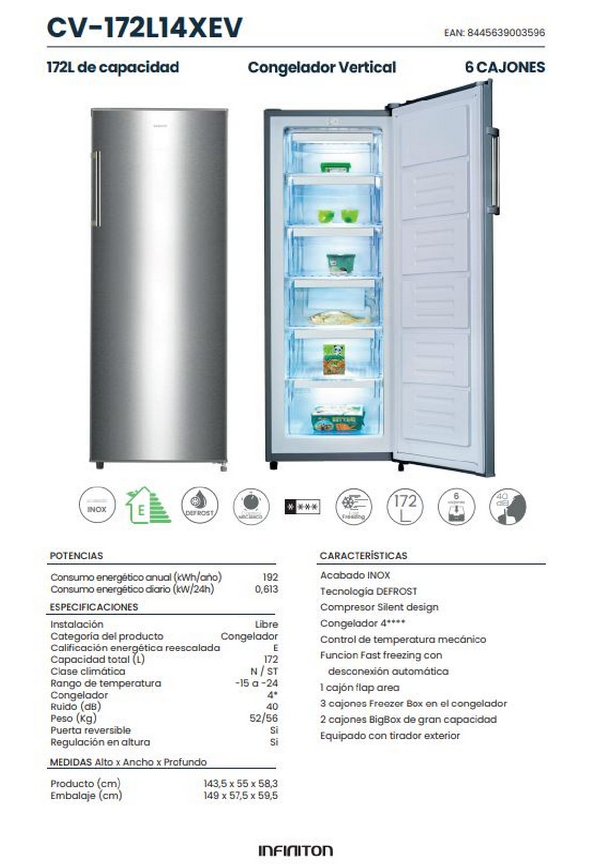 Un congelador vertical con la puerta abierta. Dentro hay estantes con comida. Texto y especificaciones a la izquierda.
