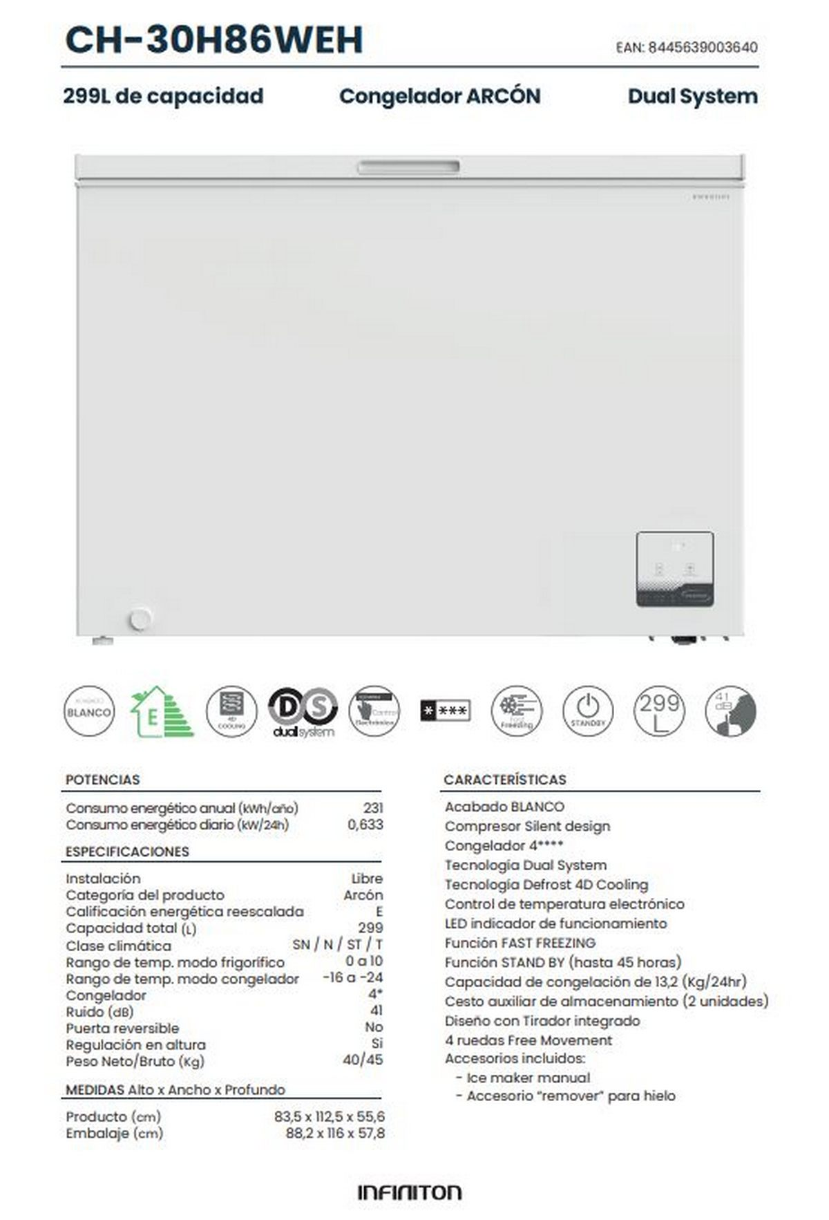 Congelador blanco con detalles del producto. Tiene una puerta blanca y un panel de control. La marca es ARCON.